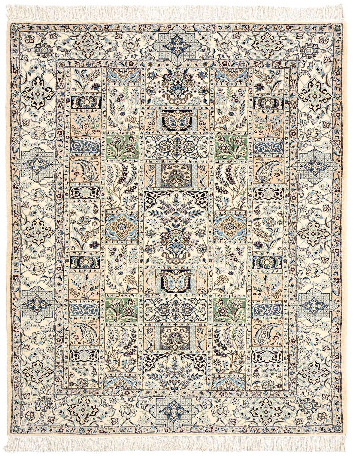 A 5x8 rectangular ivory Persian rug with intricate floral and medallion patterns in blue, green, and cream, featuring a thin pile and fringe.