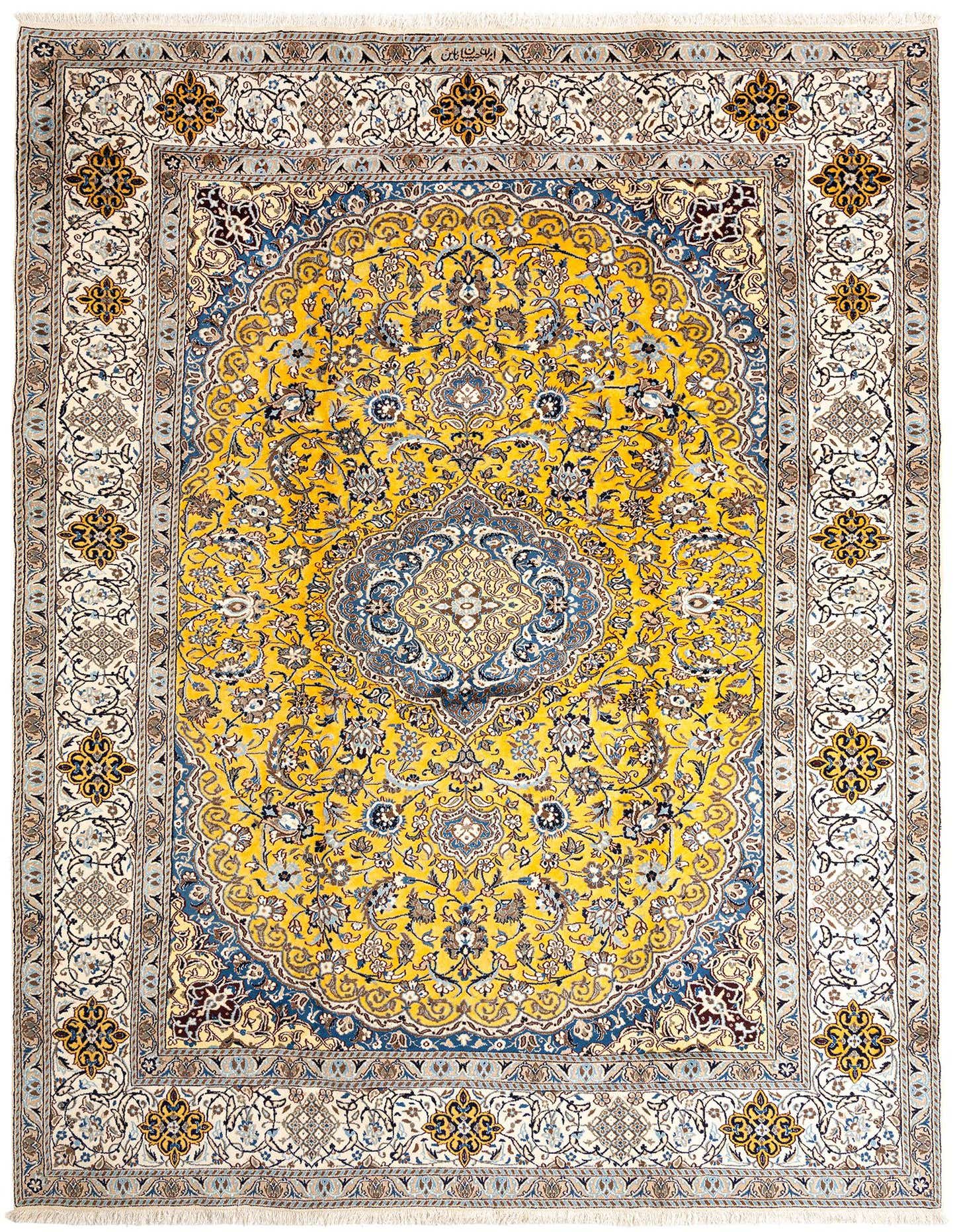 A large 10x13 rectangular Persian rug with a vibrant yellow field, intricate blue medallion, and ivory border.