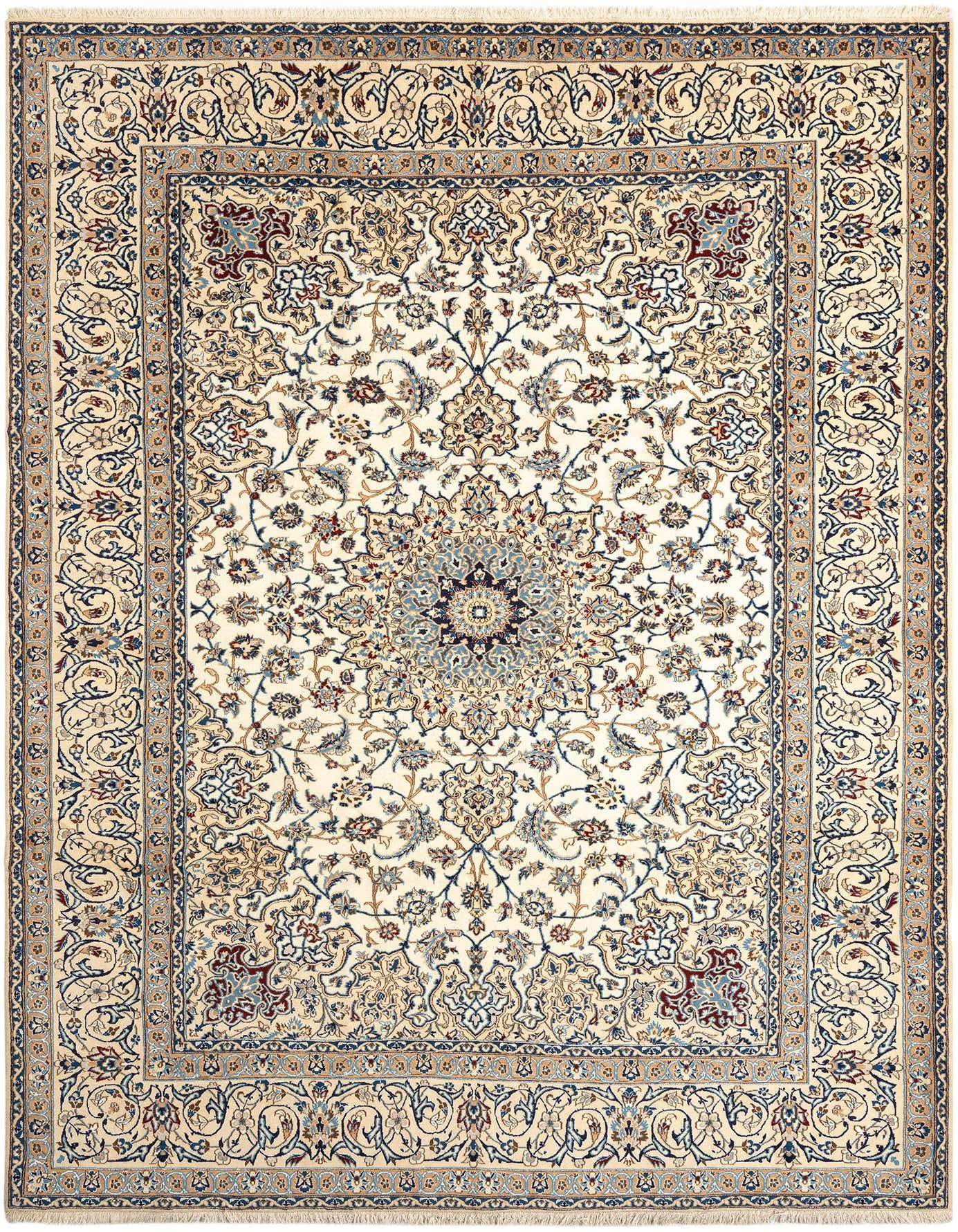 An 8x11 rectangular ivory Persian rug with a detailed floral medallion pattern in blues, creams, and reds.