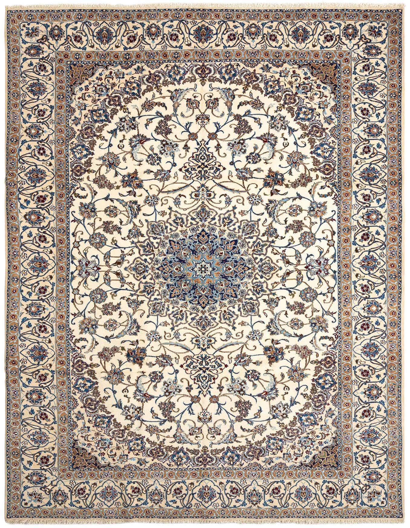 An 8x11 rectangular ivory Persian rug with intricate blue, brown, and cream floral patterns, featuring a central medallion design.