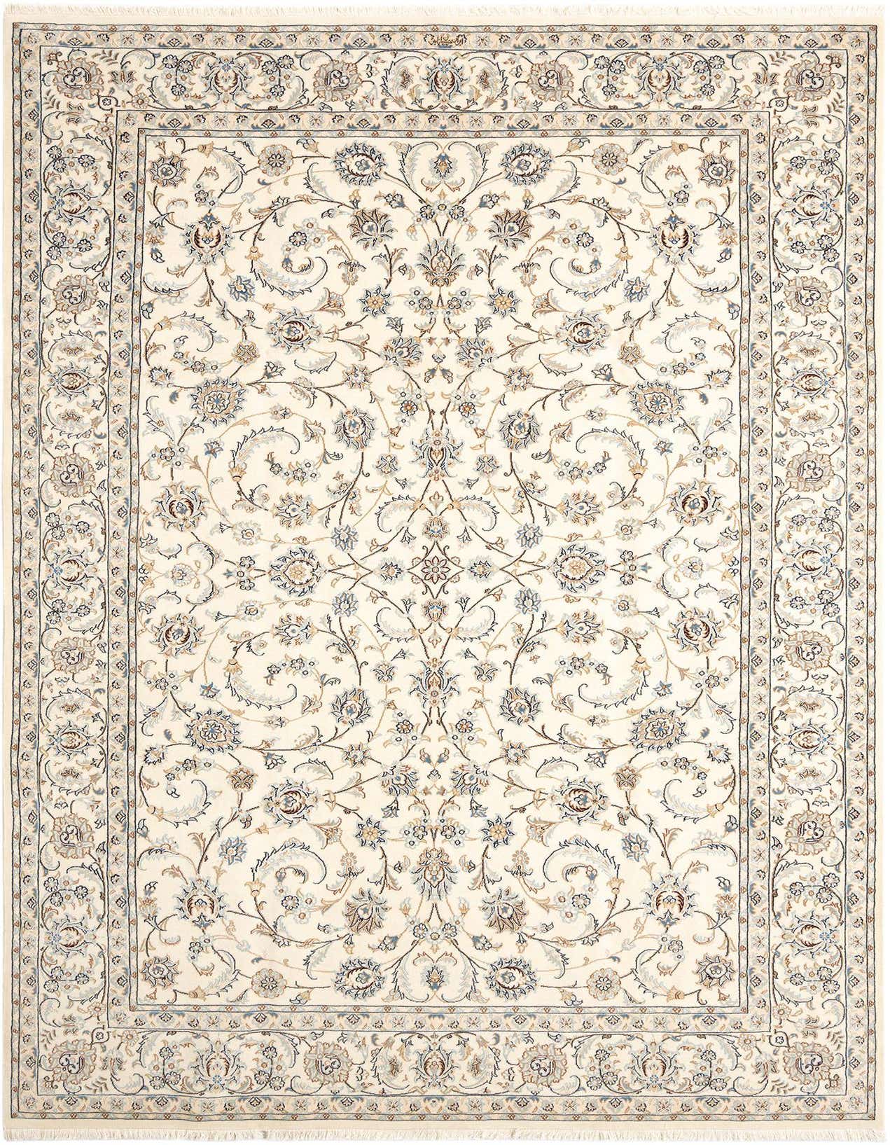 A 6x9 rectangular ivory Persian rug with intricate blue and brown floral patterns and a detailed border.