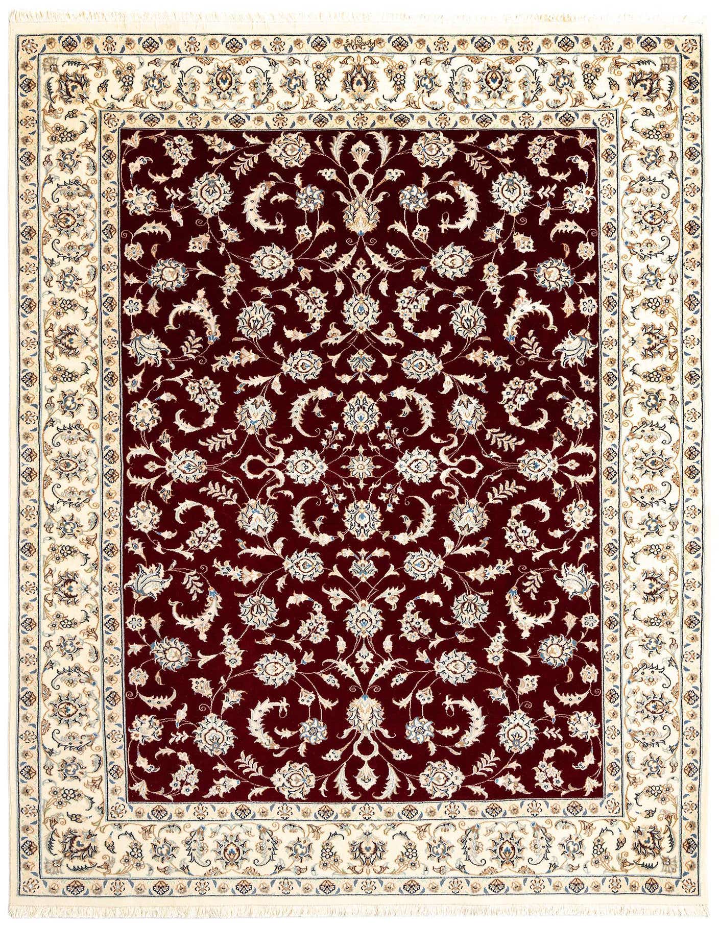 A 5x8 rectangular Persian rug with a deep red field and an intricate ivory and cream floral border.
