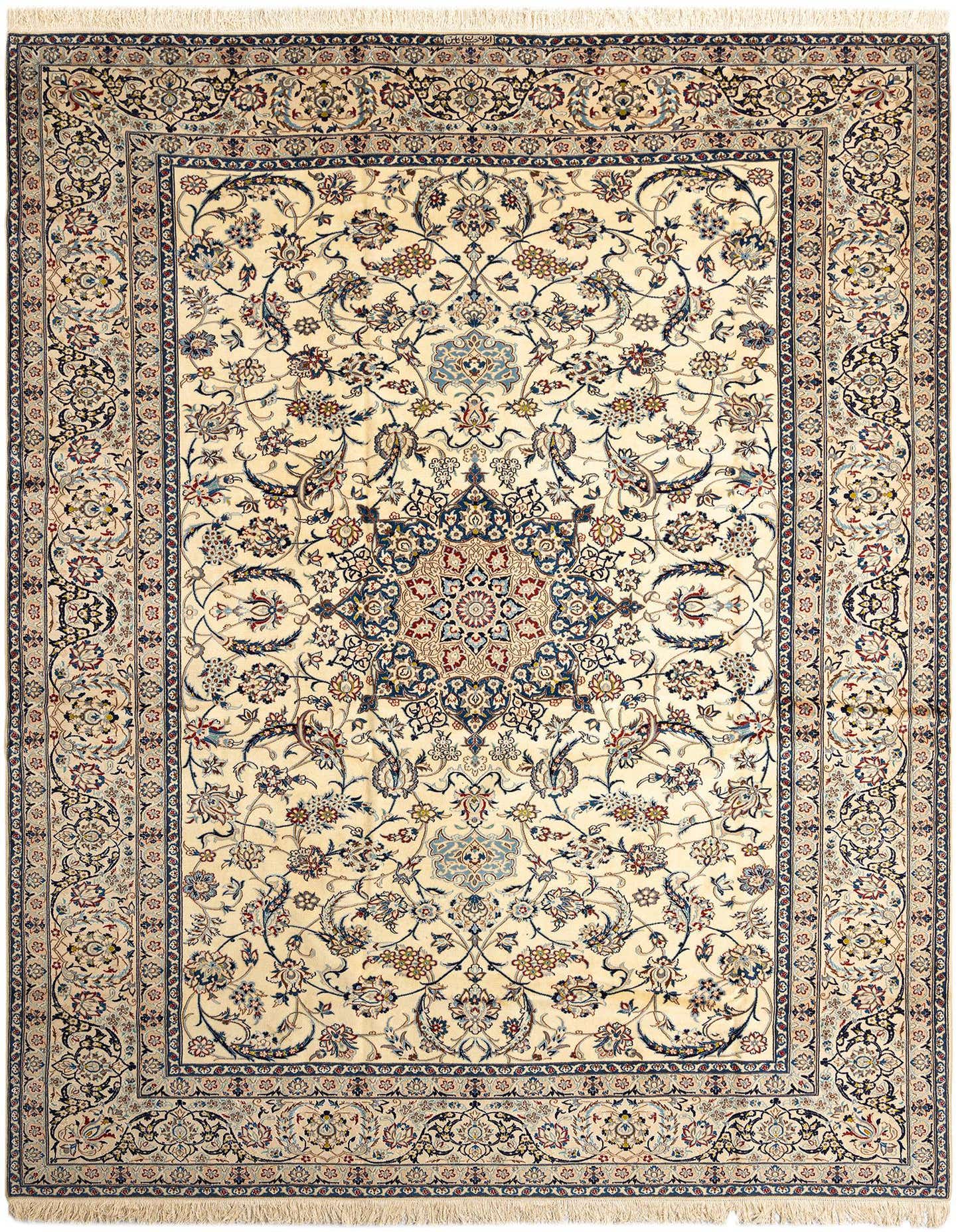 A 10x13 rectangular ivory Persian wool rug with a detailed floral medallion pattern and intricate border.