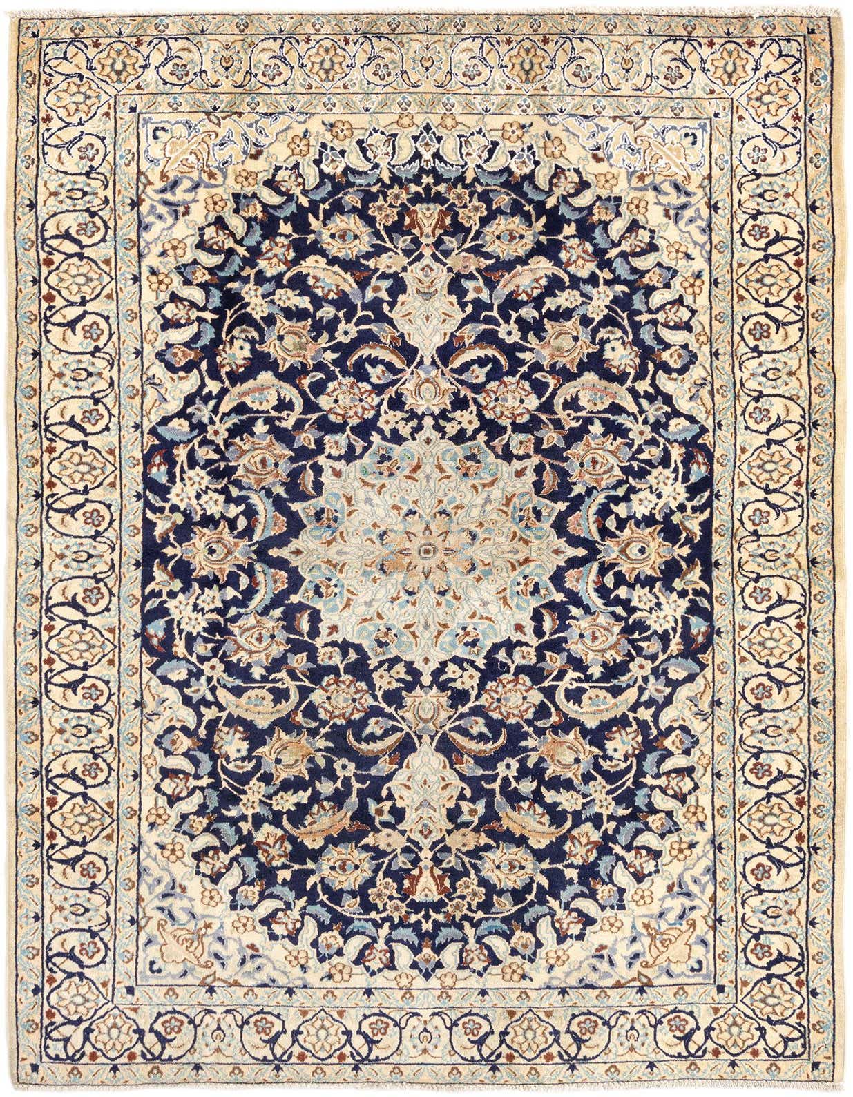 A 4x6 rectangular Persian rug with a cream border and a deep navy blue field featuring intricate ivory and light blue floral patterns.