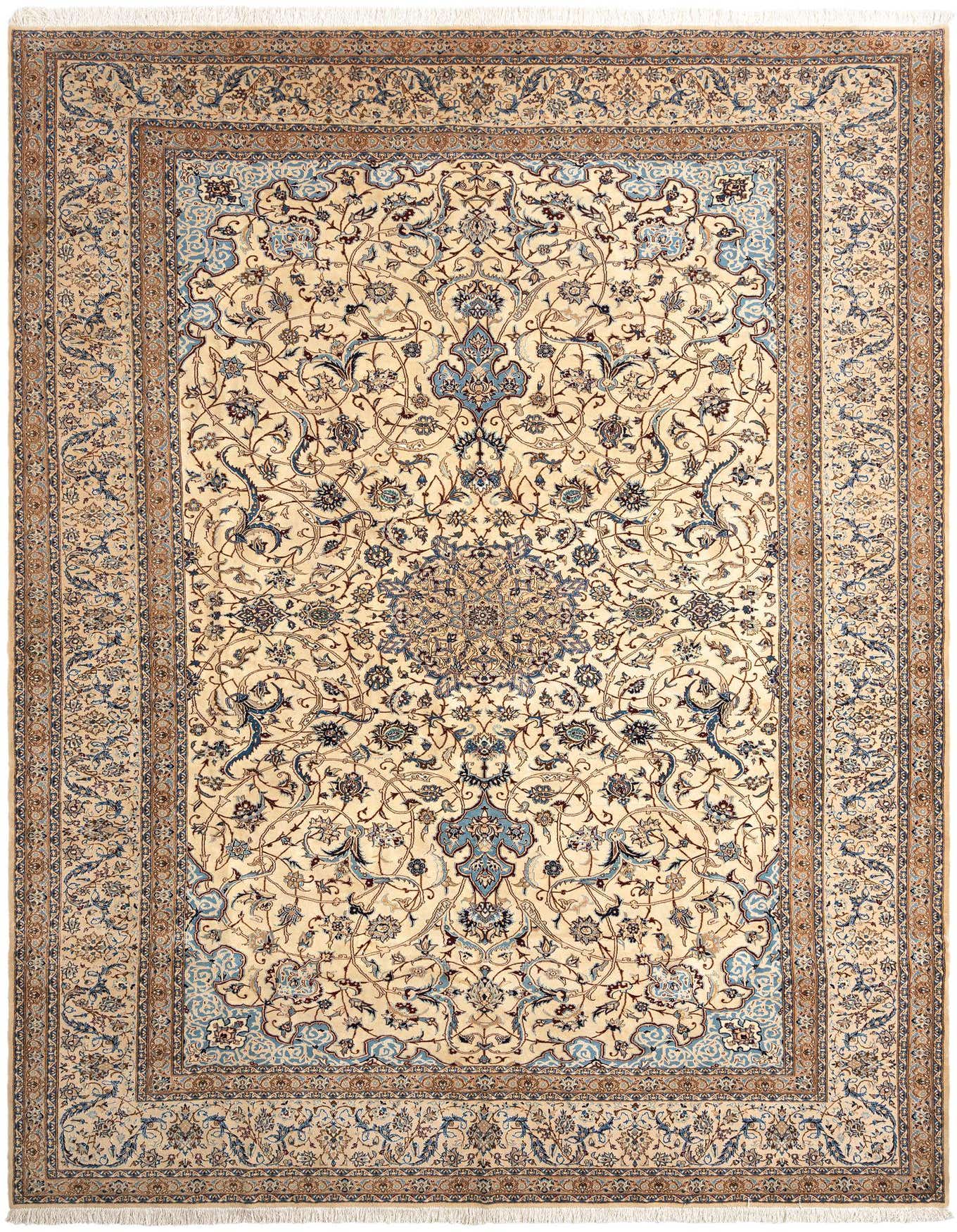 A 10x14 rectangular ivory Persian rug with intricate blue and brown floral patterns and a detailed border.