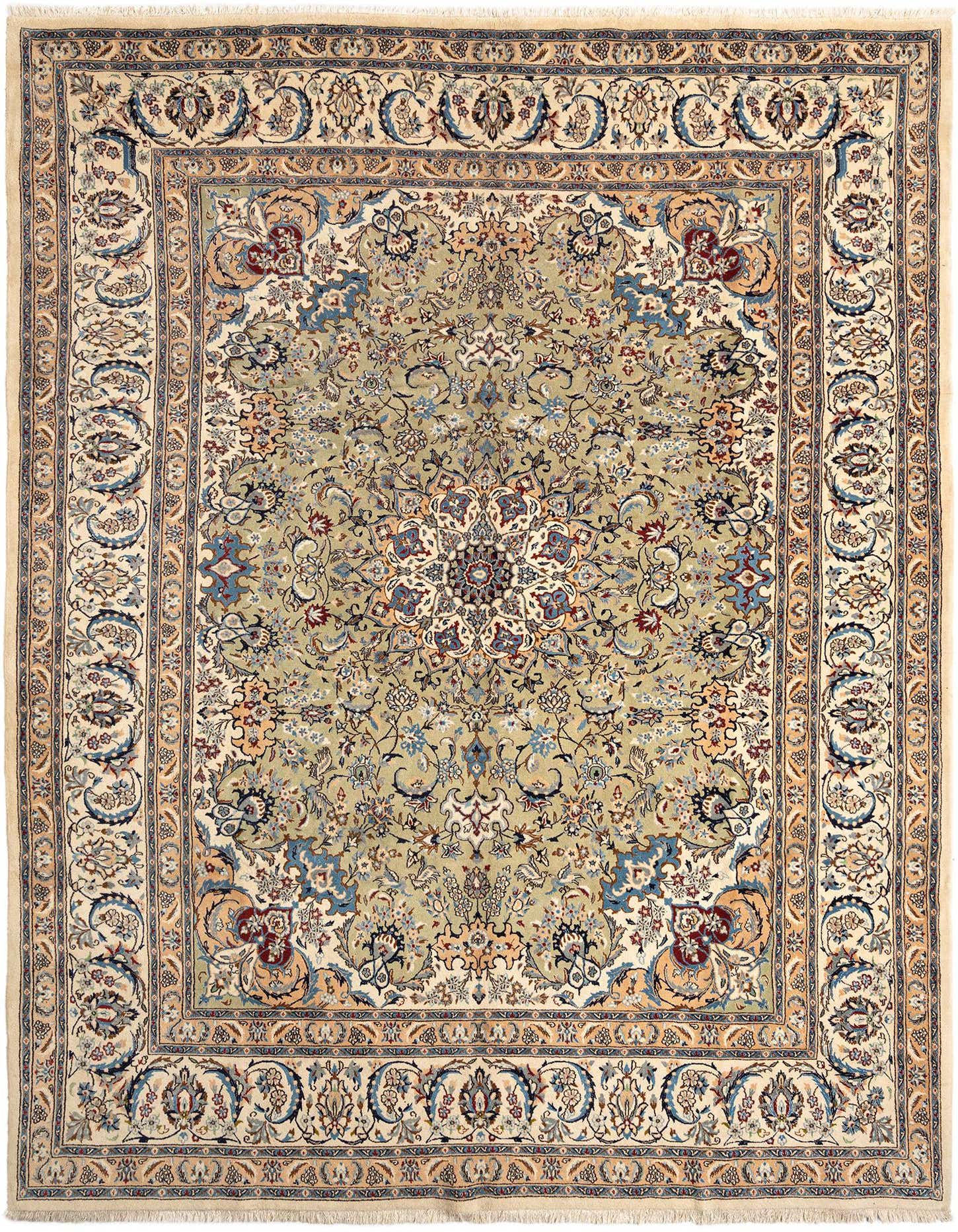 A 10x13 rectangular Persian wool rug with an ivory border and a light green field, featuring intricate floral and medallion patterns in blue, red, and cream.