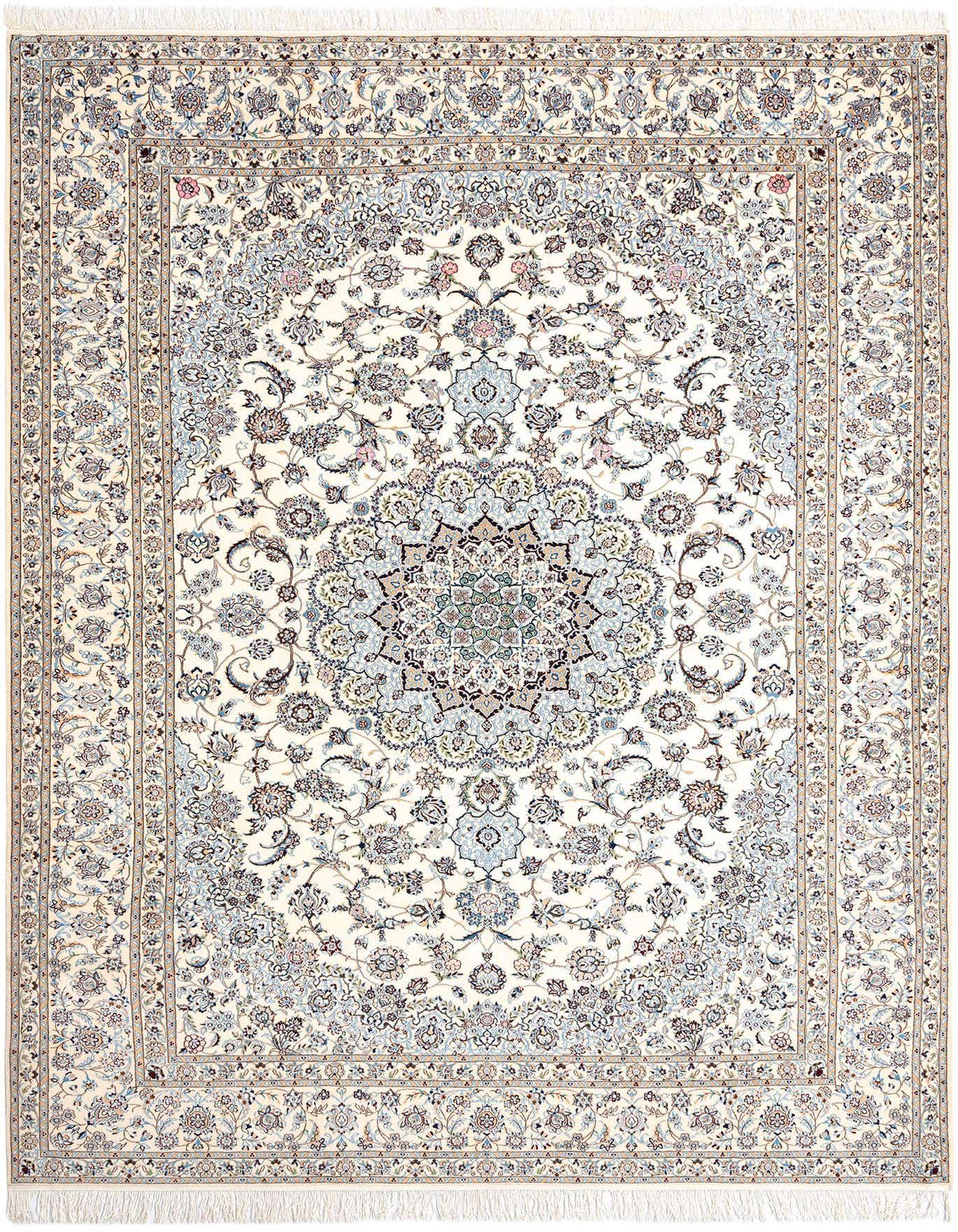 An 8x11 rectangular ivory Persian rug with a detailed floral medallion pattern in blues, creams, and browns.