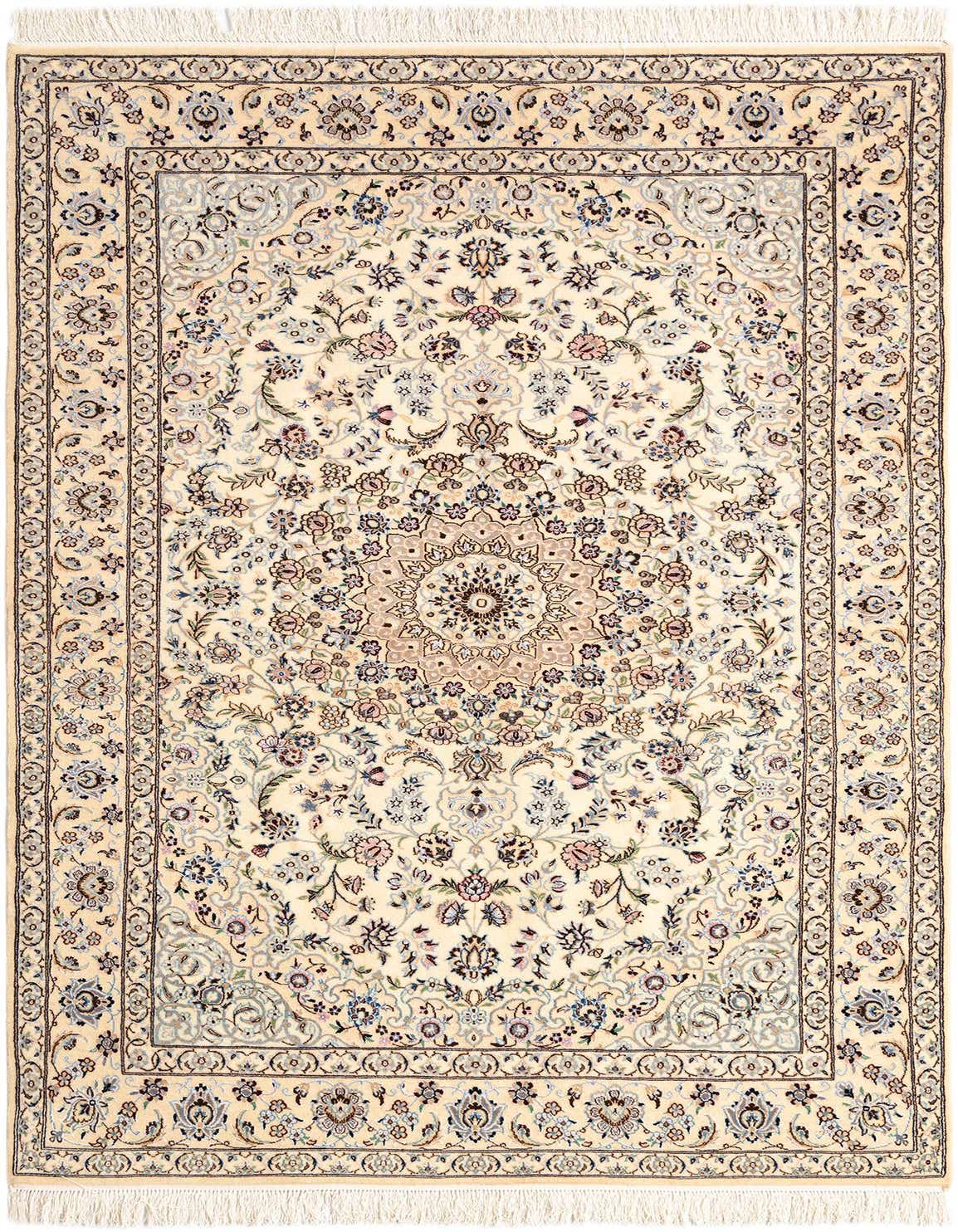 A 4x6 rectangular ivory Persian rug with a central medallion and intricate floral patterns in blue, pink, and brown.