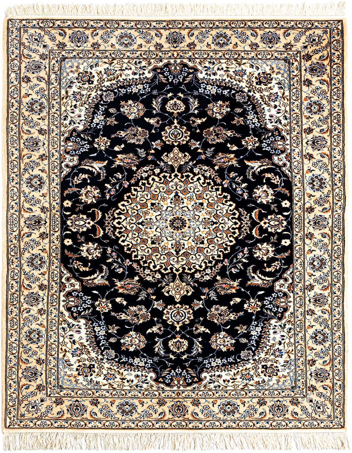 A 4x6 rectangular Persian rug with a black central medallion and border, surrounded by intricate ivory and cream floral patterns, featuring delicate silk accents.