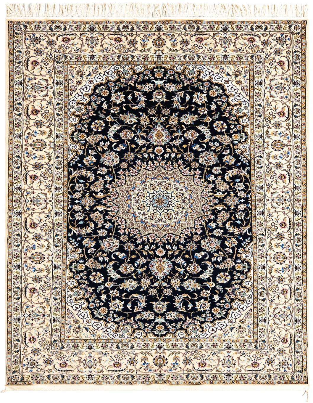 A rectangular 4x6 Persian rug with a cream border and a dark navy center, featuring intricate floral and medallion patterns.