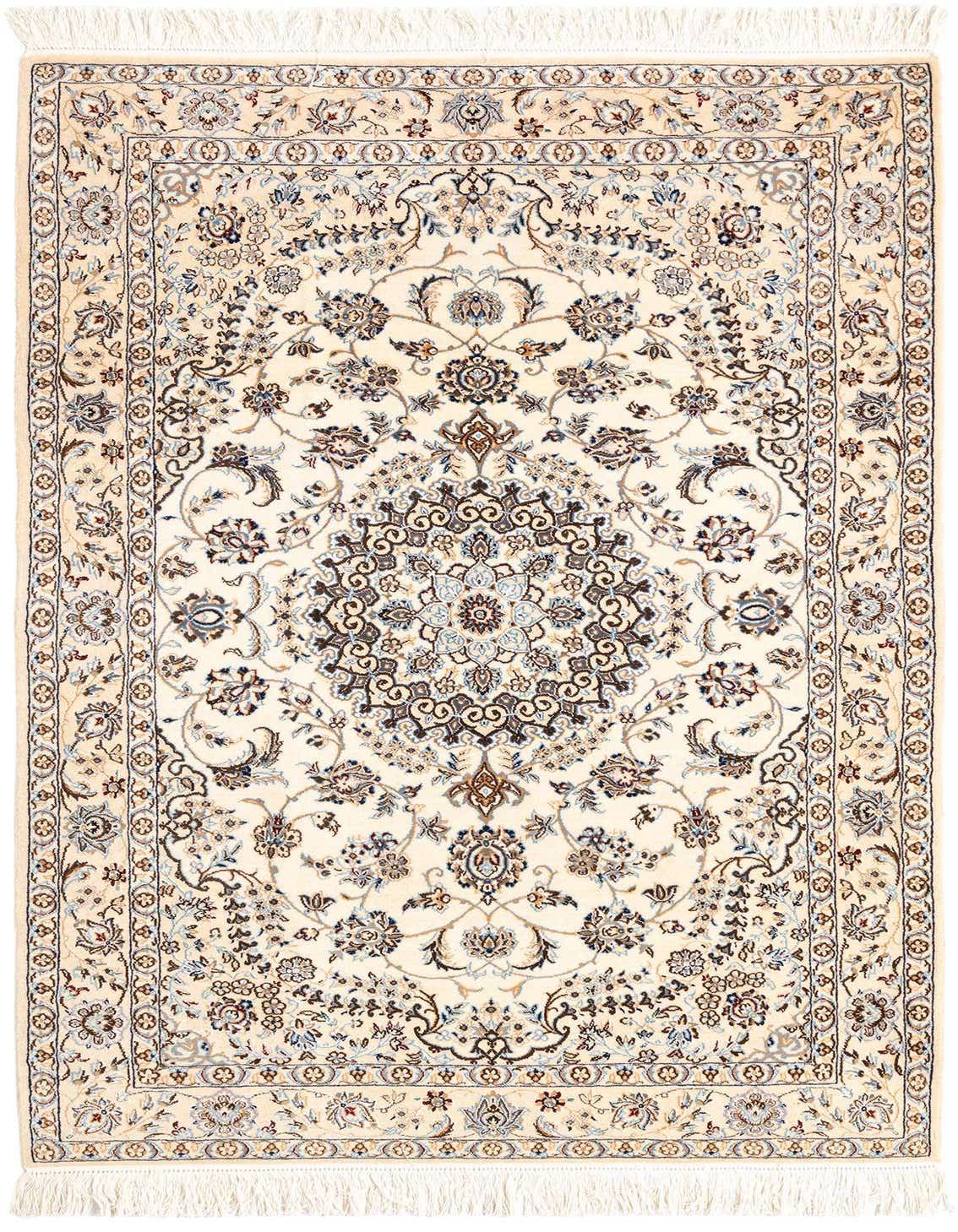 A 3x5 rectangular ivory Persian rug with a detailed floral medallion pattern in blue, brown, and cream.