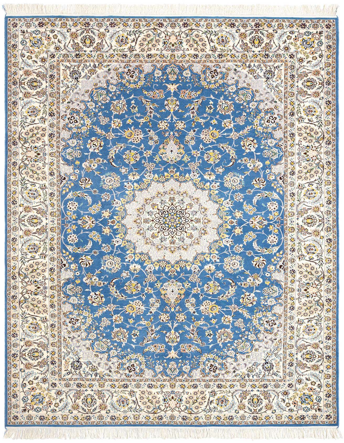 A rectangular 7x10 Persian rug with a cream border and a central blue field featuring intricate floral patterns.