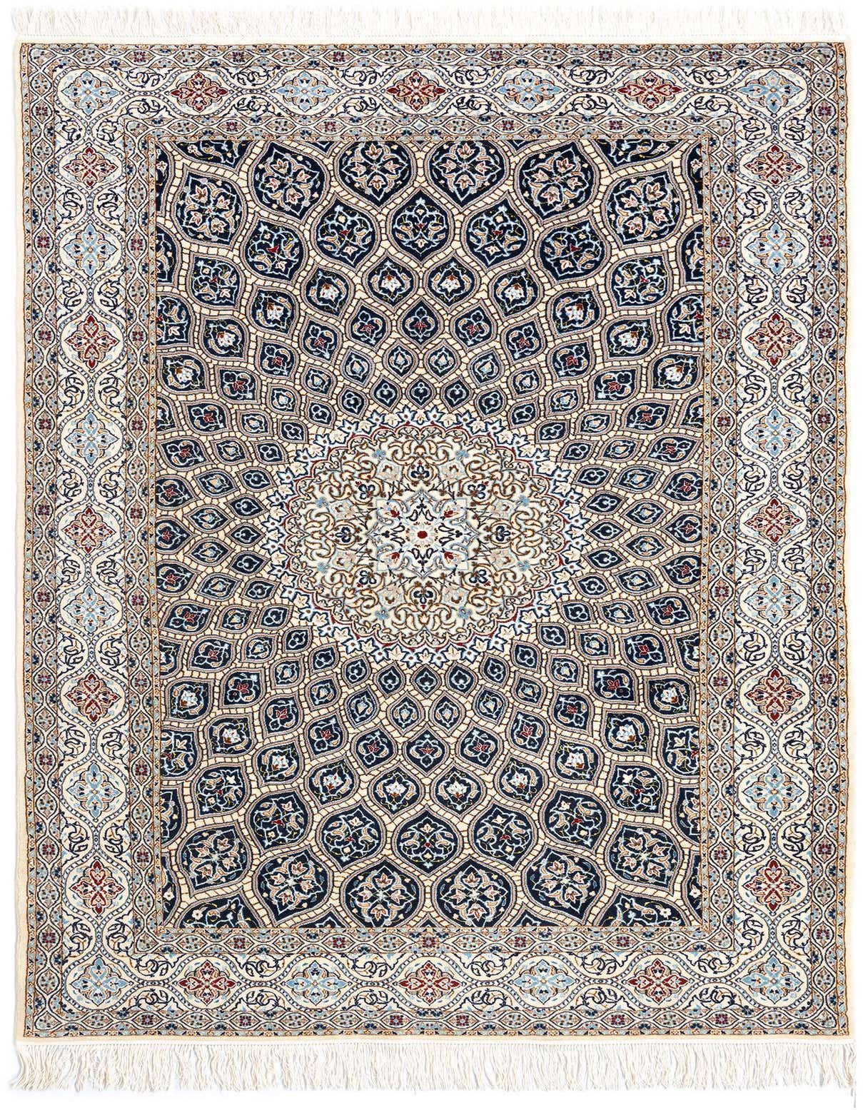 A 5x8 rectangular Persian rug with an intricate ivory and cream background, featuring a central medallion and ornate floral patterns in shades of deep blue, light blue, and subtle red, with white fringe.
