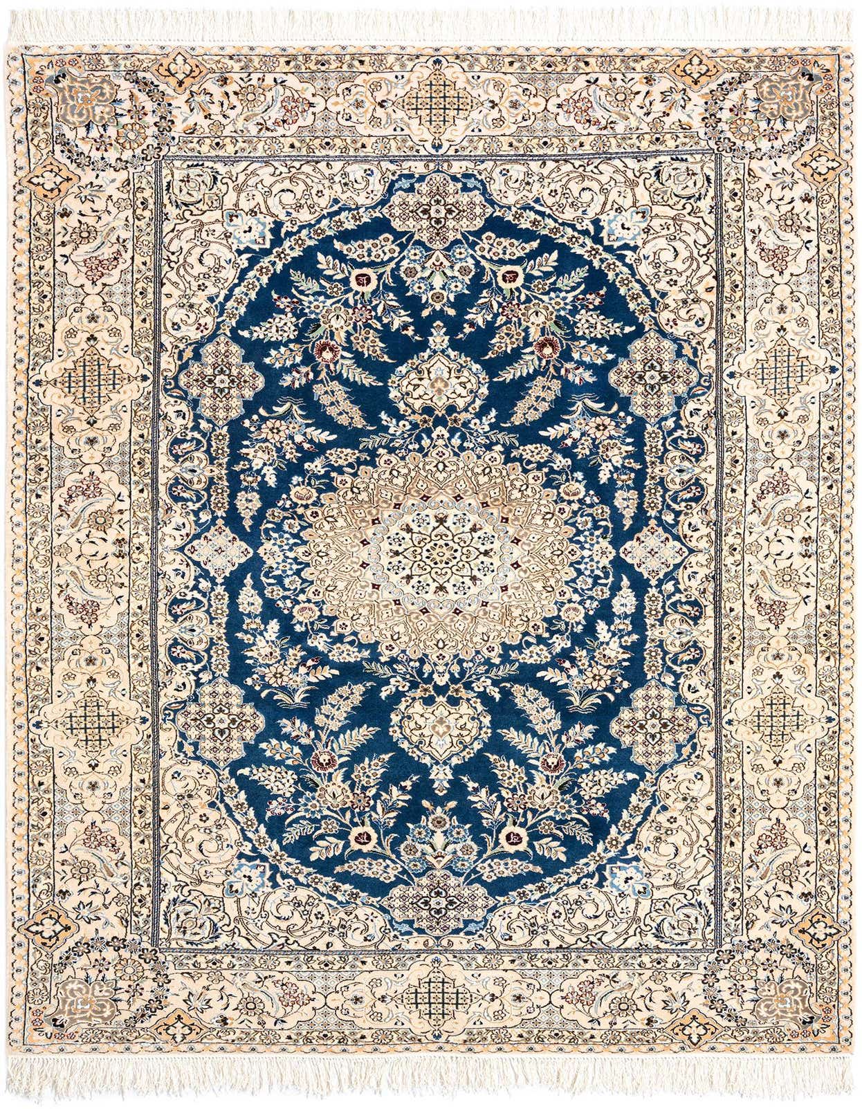 A 5x8 rectangular Persian rug with a deep blue central medallion and an ivory border, featuring intricate floral and traditional patterns.