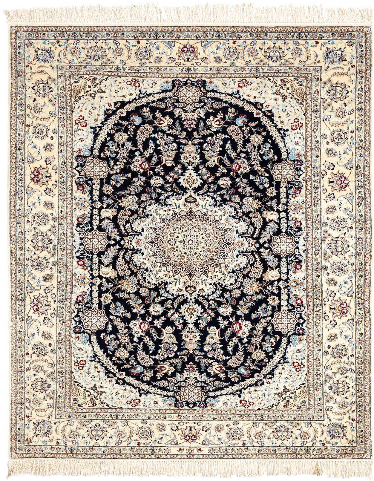 A rectangular 5x8 ivory and black Persian rug featuring an intricate floral medallion pattern, with visible fringe.