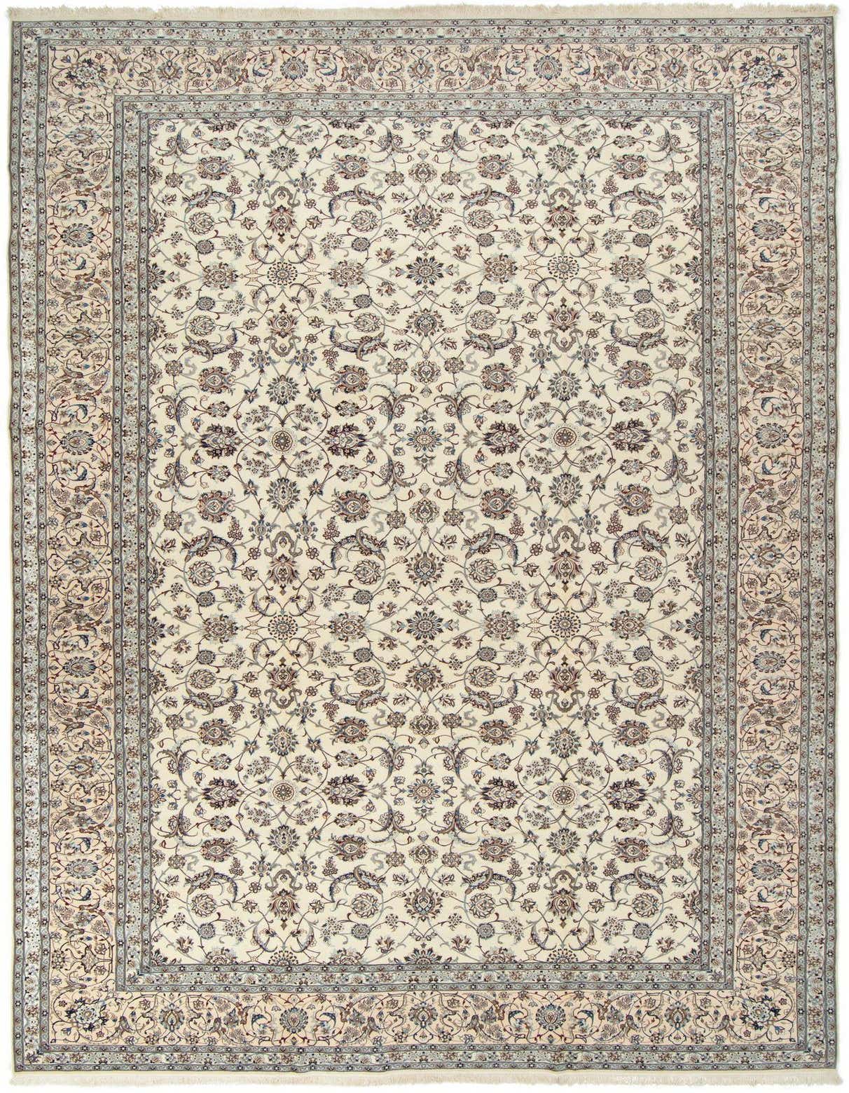 Oversized rectangular ivory Persian rug with intricate floral and vine patterns in muted blues and browns, featuring a detailed border.
