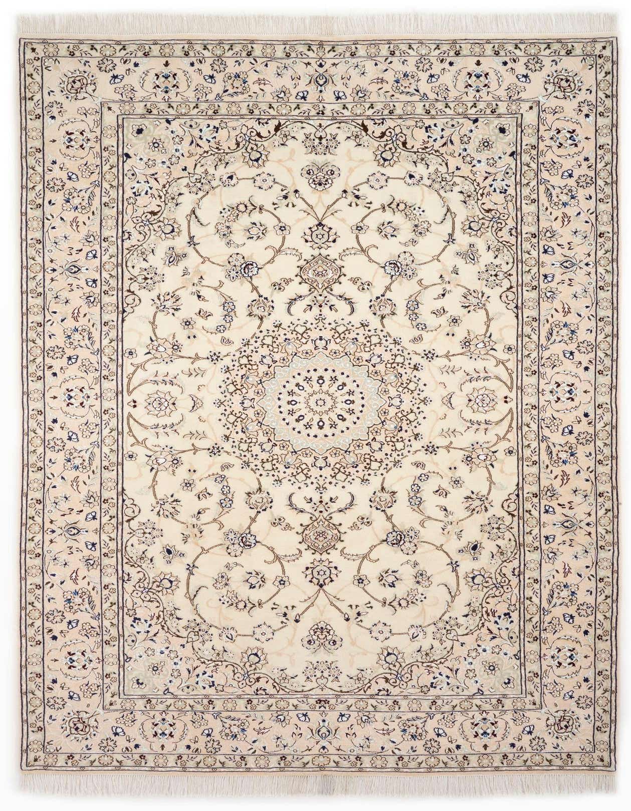 A 6x9 rectangular ivory Persian rug with intricate floral patterns in blue and brown, ideal for a living room.
