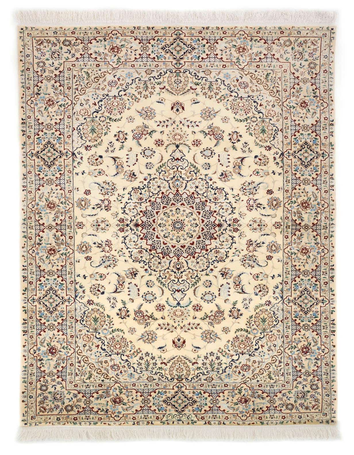 A 4x6 rectangular ivory Persian rug with a traditional floral medallion pattern in blues, reds, and creams.