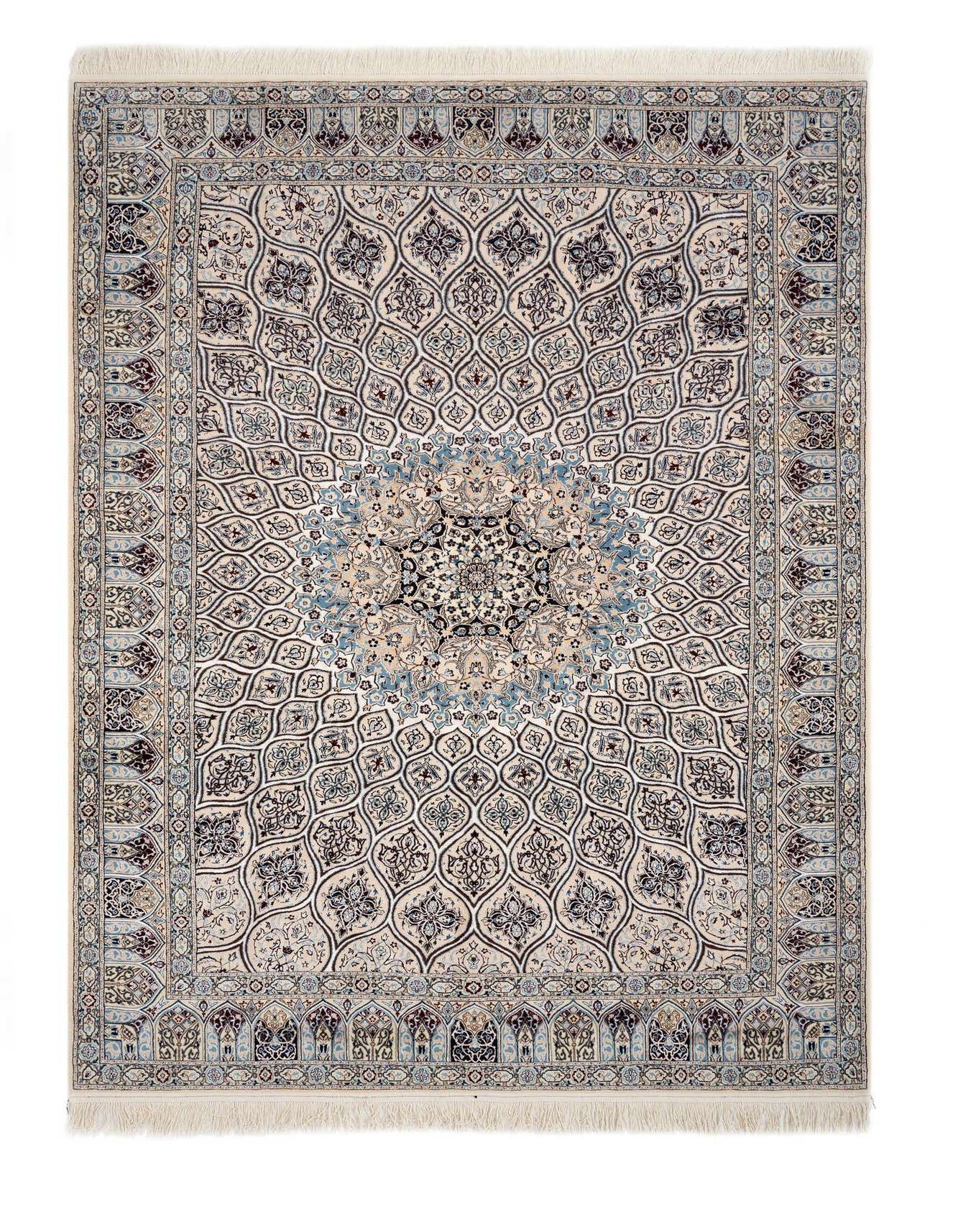 A 7x10 rectangular ivory Persian rug with intricate blue and cream floral patterns and a central medallion.