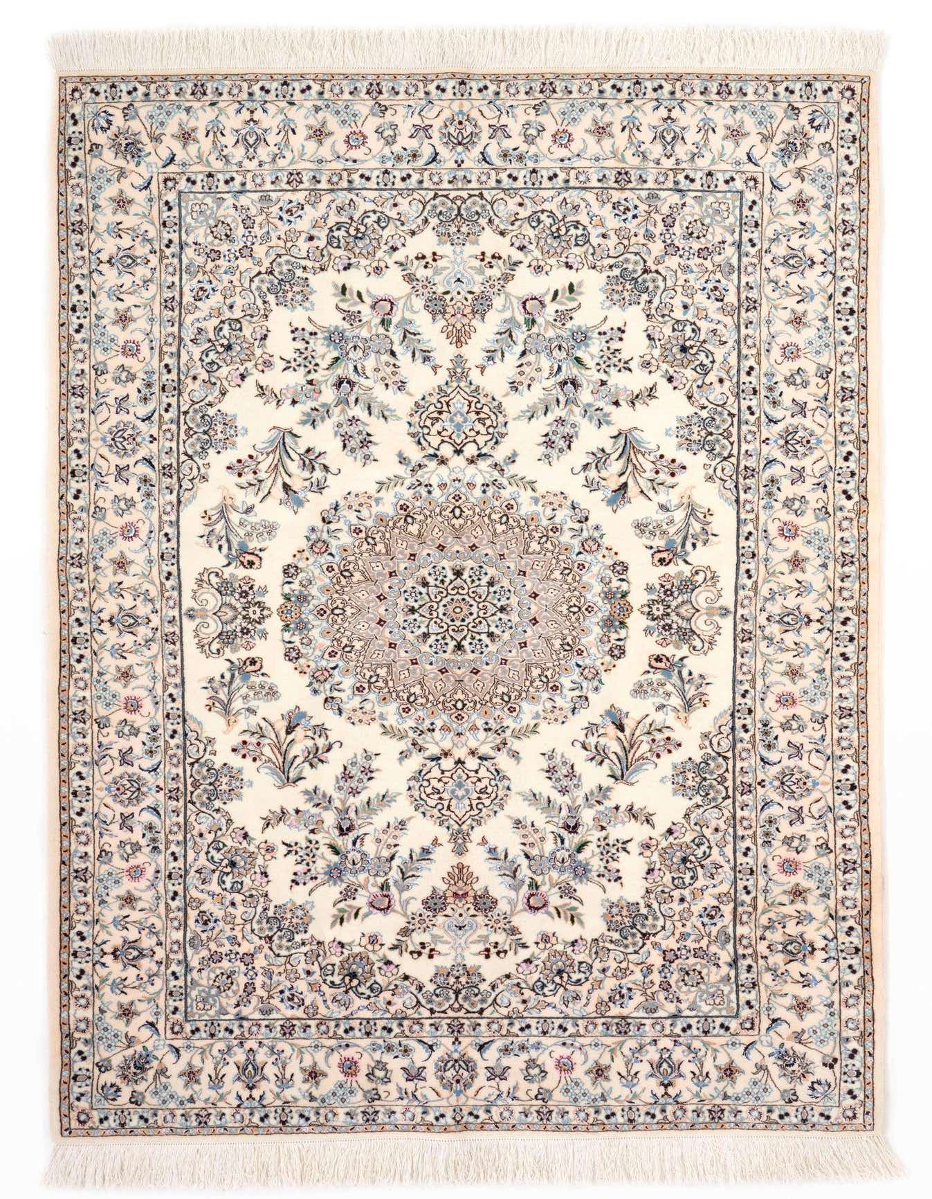 A 5x8 rectangular ivory Persian rug with a central medallion and intricate floral patterns in blue, grey, and pink.