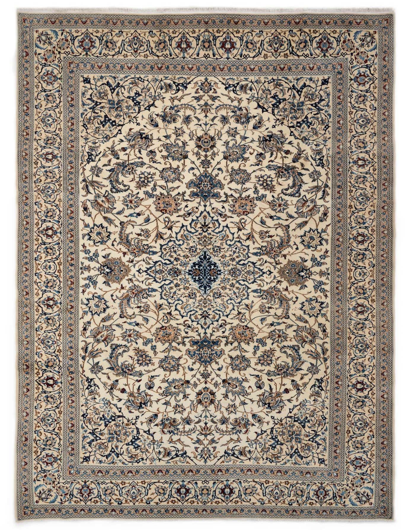 A 9x12 rectangular ivory Persian rug with intricate blue, cream, and brown floral patterns and a detailed border.