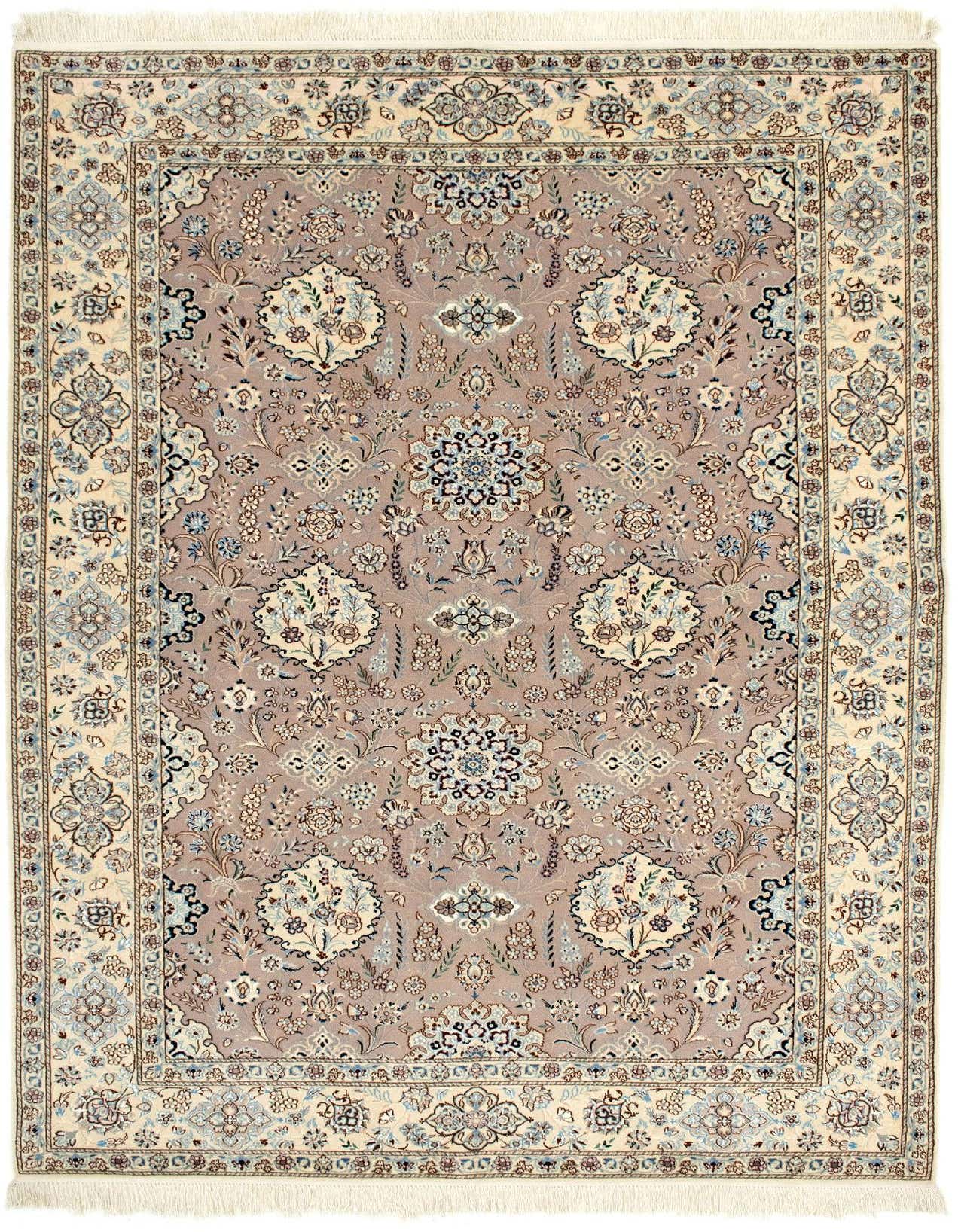 A 5x8 rectangular Persian rug with a cream border and a central field of muted ivory and blue floral patterns.
