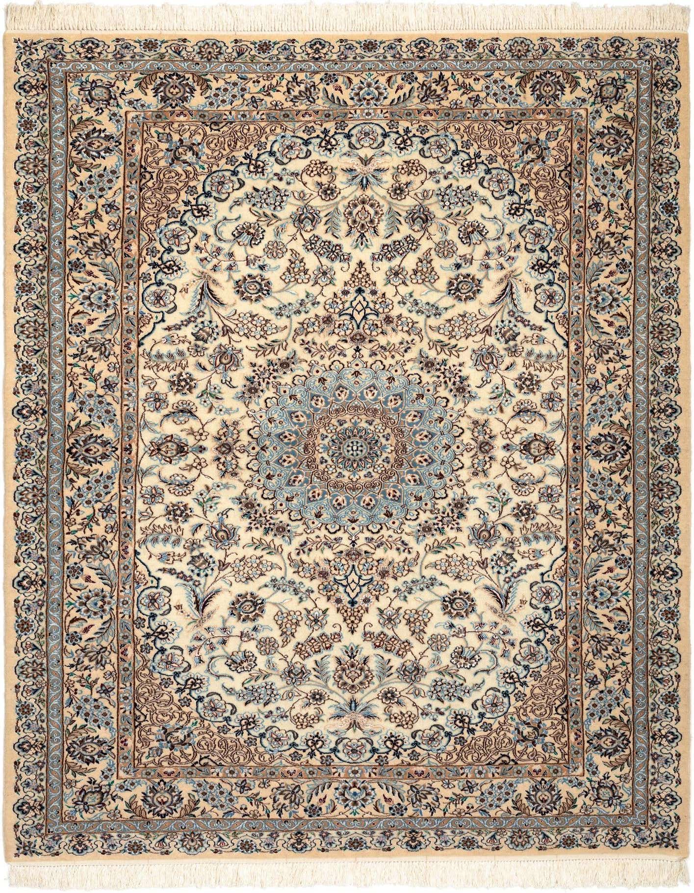A 4x6 rectangular ivory Persian rug with intricate floral patterns in blue and brown, ideal for an entryway.