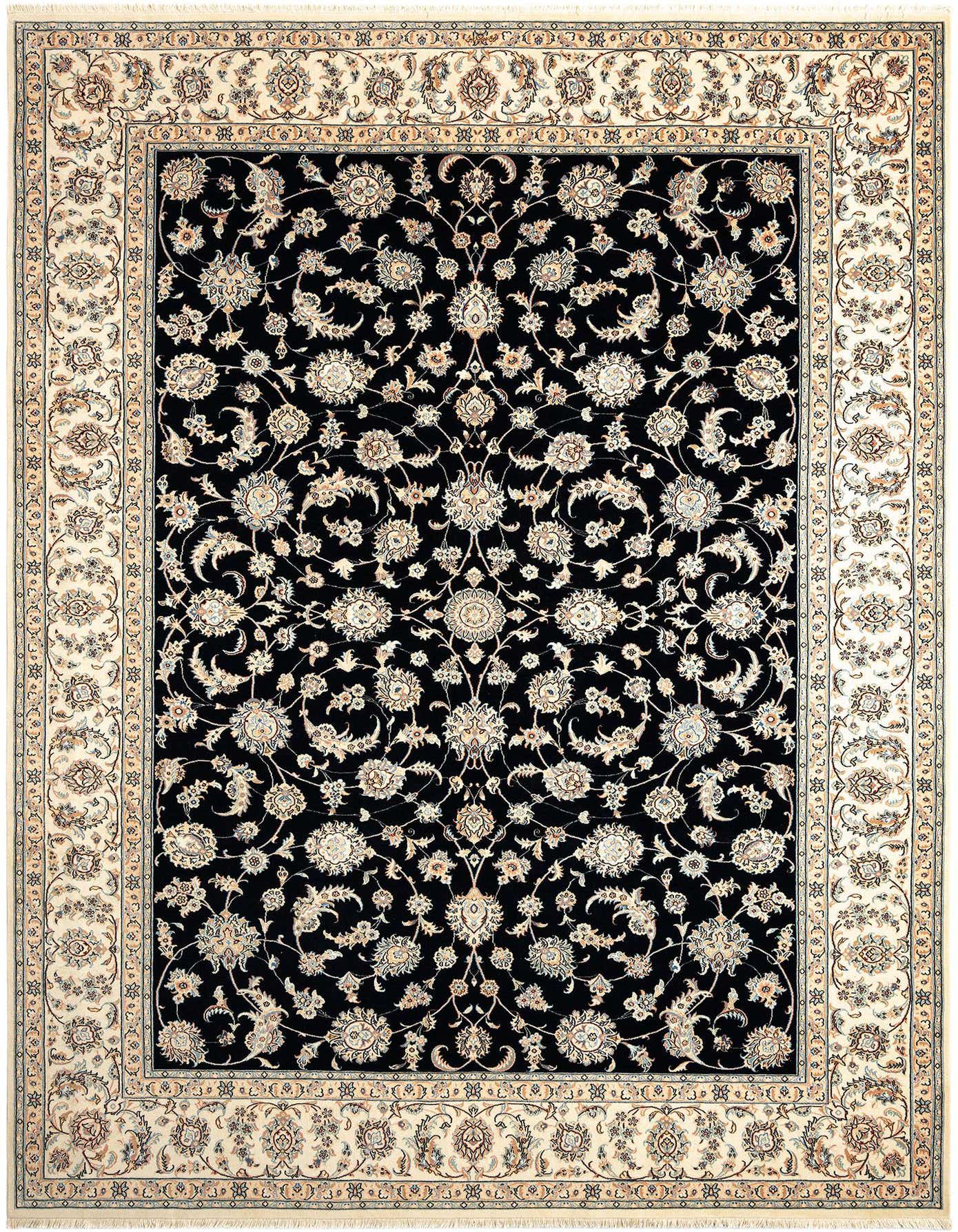 An 8x11 rectangular Persian rug with a black field and intricate ivory floral patterns, bordered by a cream and beige design.