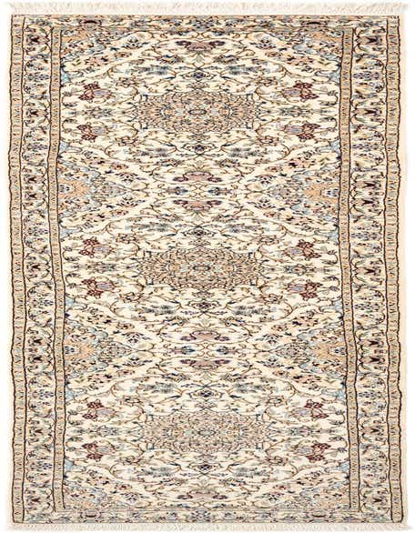 A rectangular handmade ivory Persian runner rug with intricate floral and medallion patterns in blue, brown, and pink.