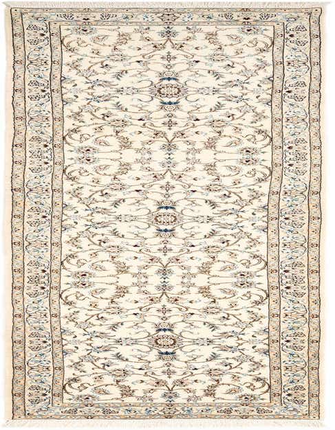A handmade ivory rectangular Persian runner rug with intricate floral and vine patterns in cream, blue, and brown.