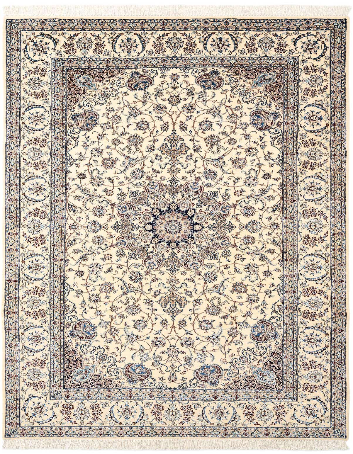 A rectangular ivory Persian rug with a detailed floral medallion pattern in blue and brown, featuring thin pile and fringe.