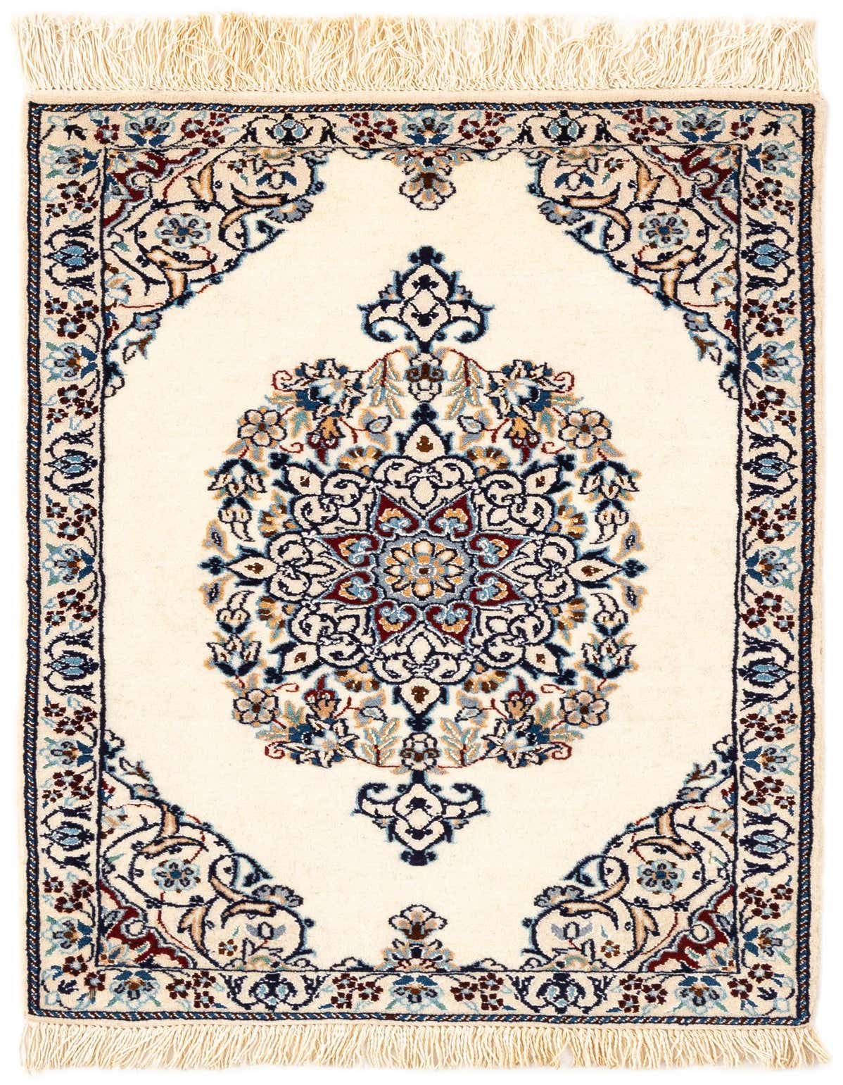 Handmade rectangular ivory Persian rug with a central medallion and floral border in blue, red, and gold, featuring thin fringes.
