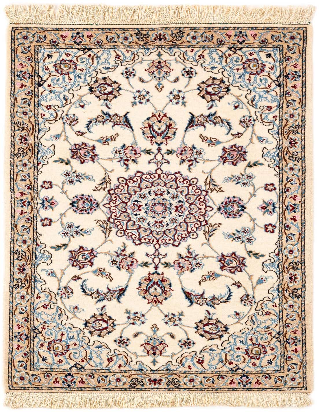 Handmade rectangular Persian rug in ivory with intricate floral medallions and a detailed border, featuring blue, red, and beige accents.
