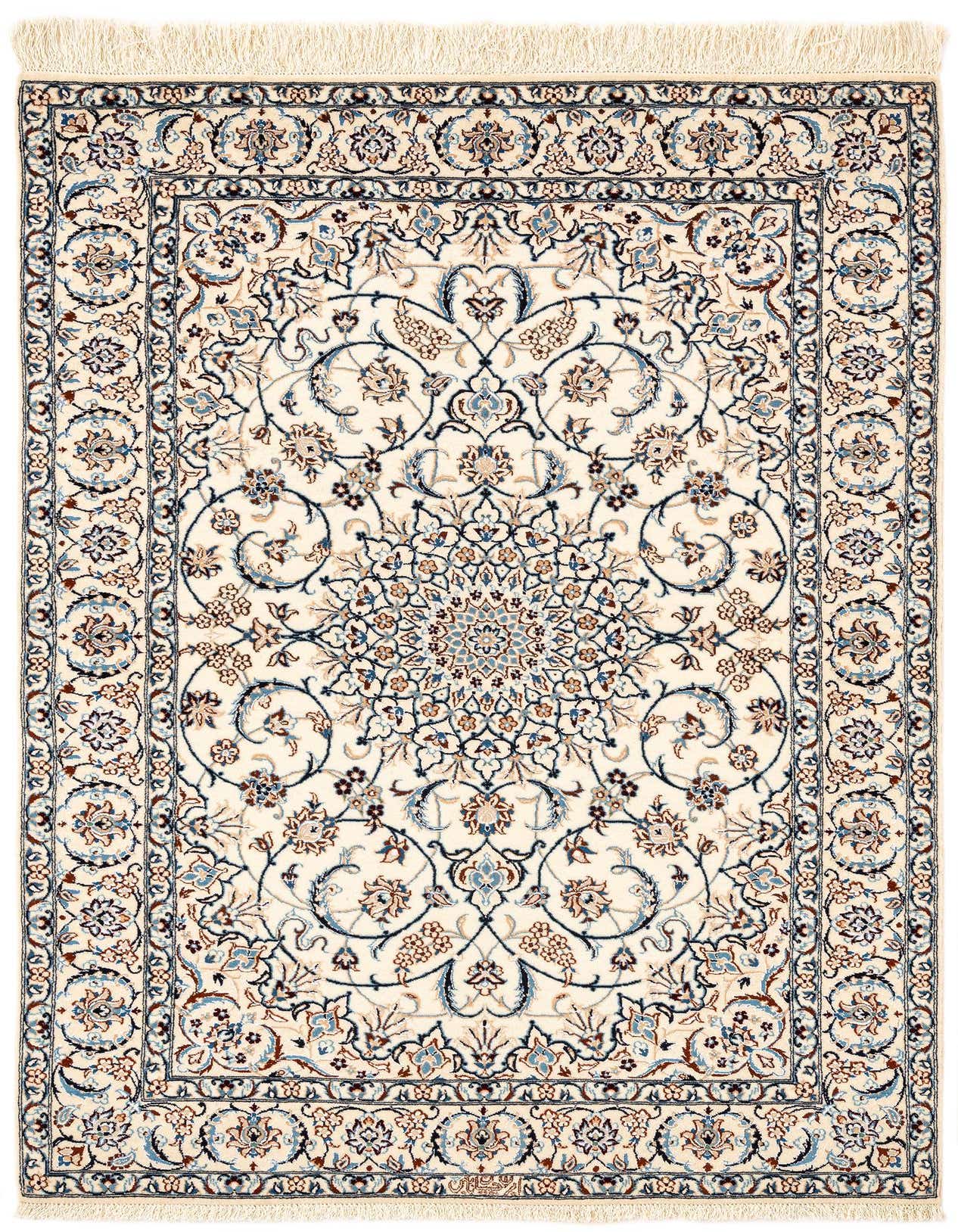 Handmade rectangular ivory Persian rug with intricate blue and brown floral medallion pattern and fringed edges.