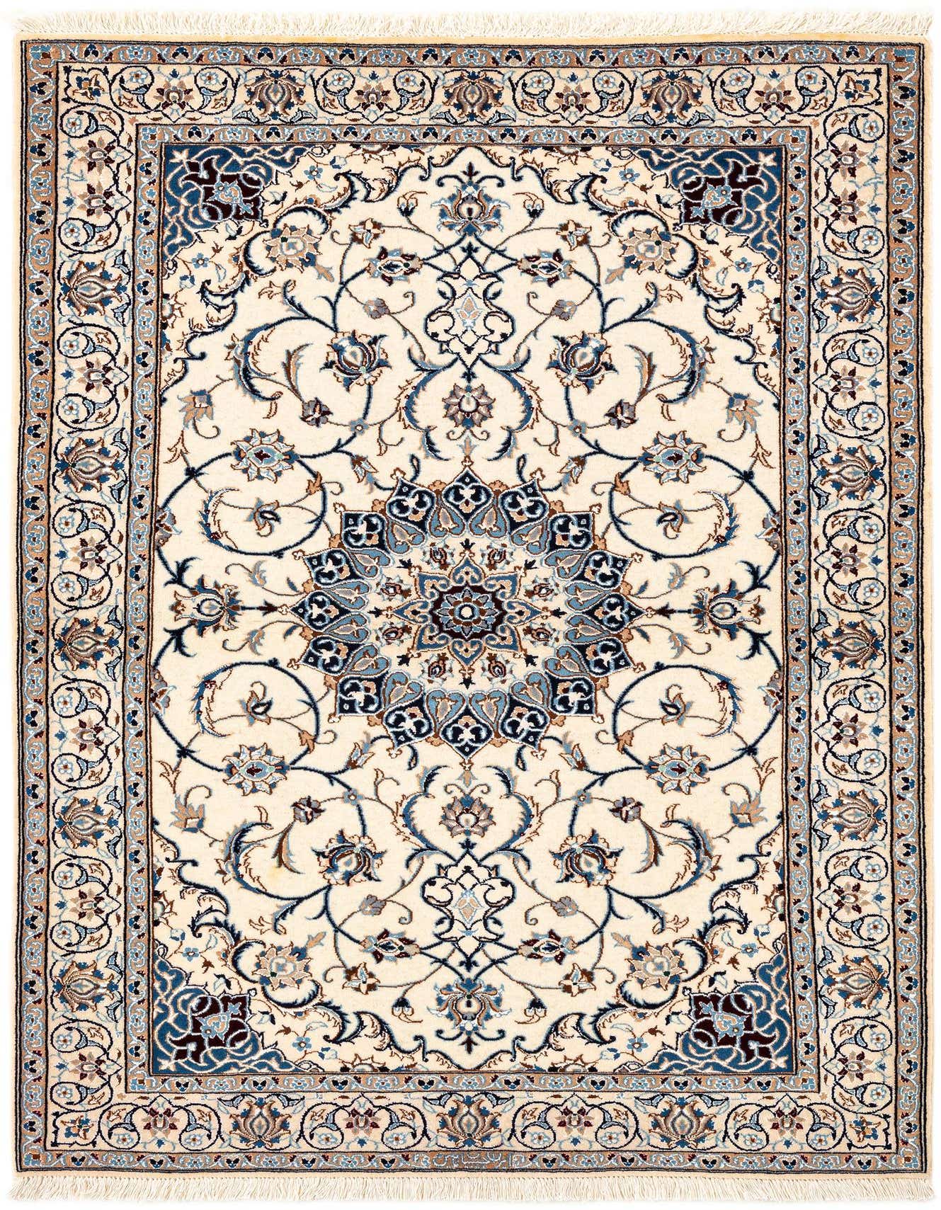 A rectangular handmade ivory Persian rug with a central medallion and intricate blue and brown floral patterns.