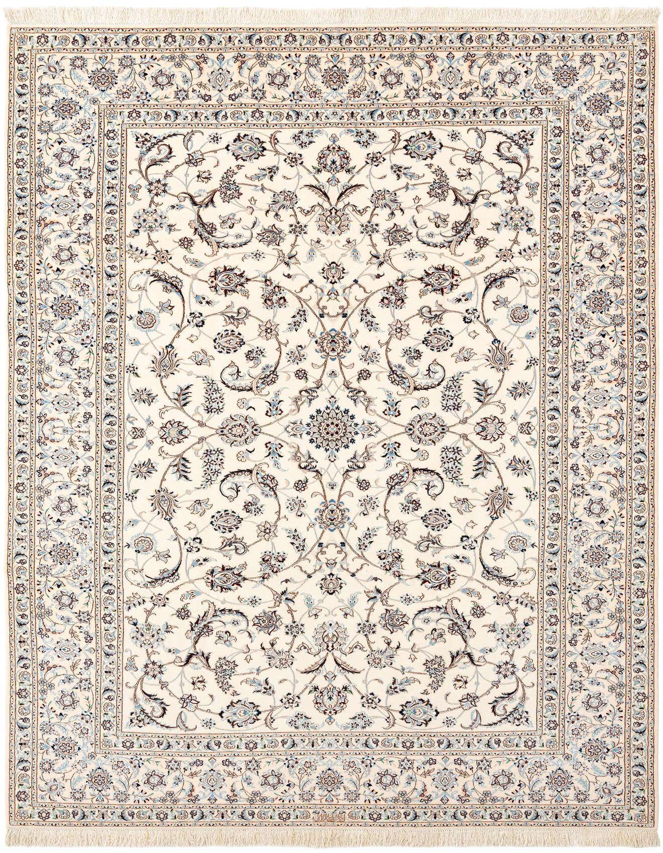 A rectangular handmade ivory Persian rug with intricate floral patterns in cream, light blue, and brown, featuring a detailed border.