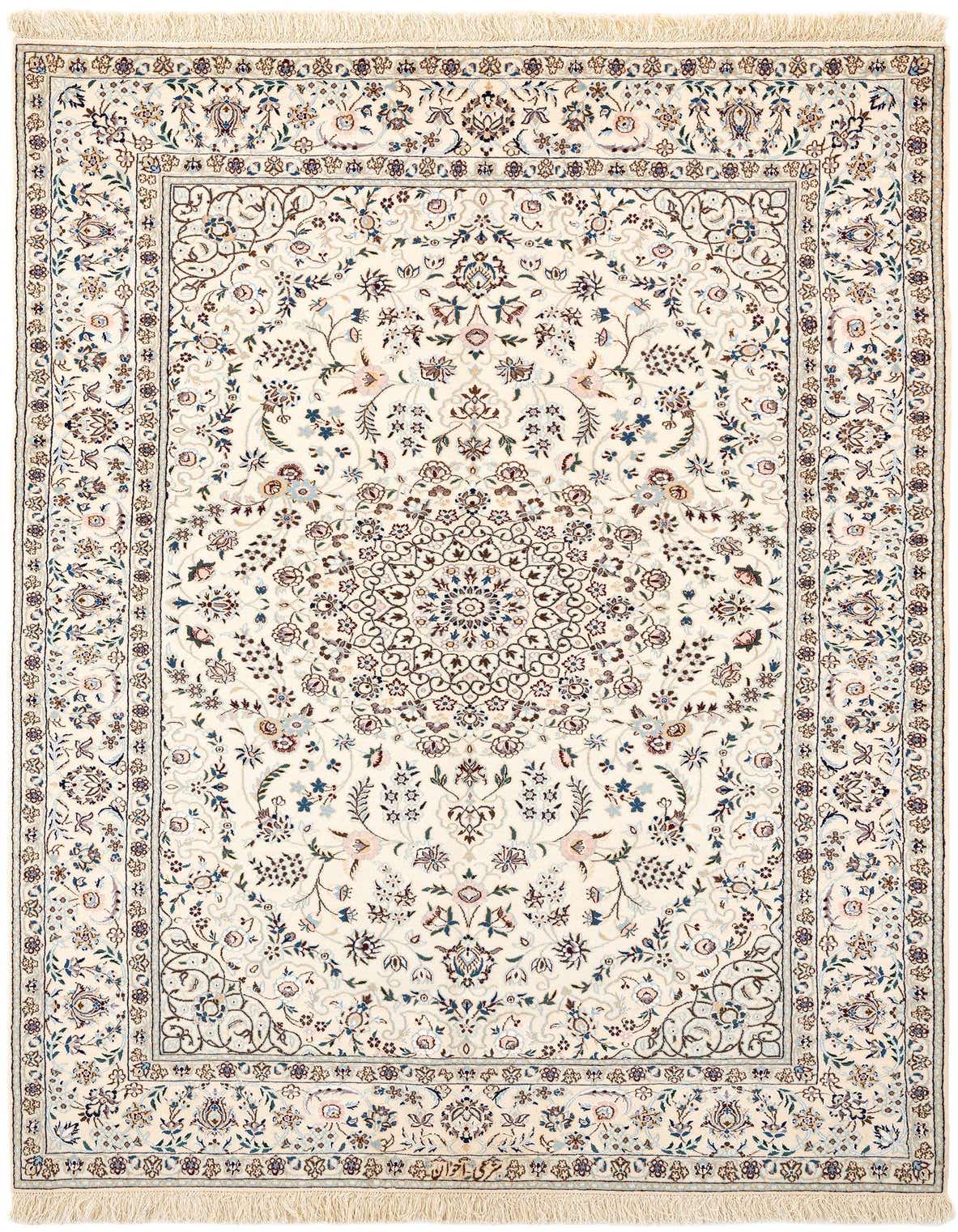 Handmade rectangular Persian rug in ivory and cream with intricate floral and medallion patterns, featuring blue, brown, and pink accents.