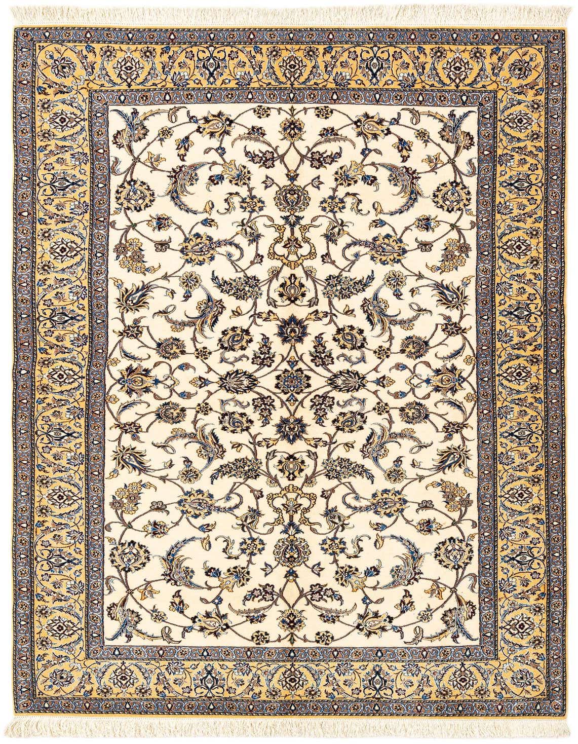 Handmade rectangular Persian rug in ivory and cream with intricate floral patterns and a gold border, suitable for indoor use.