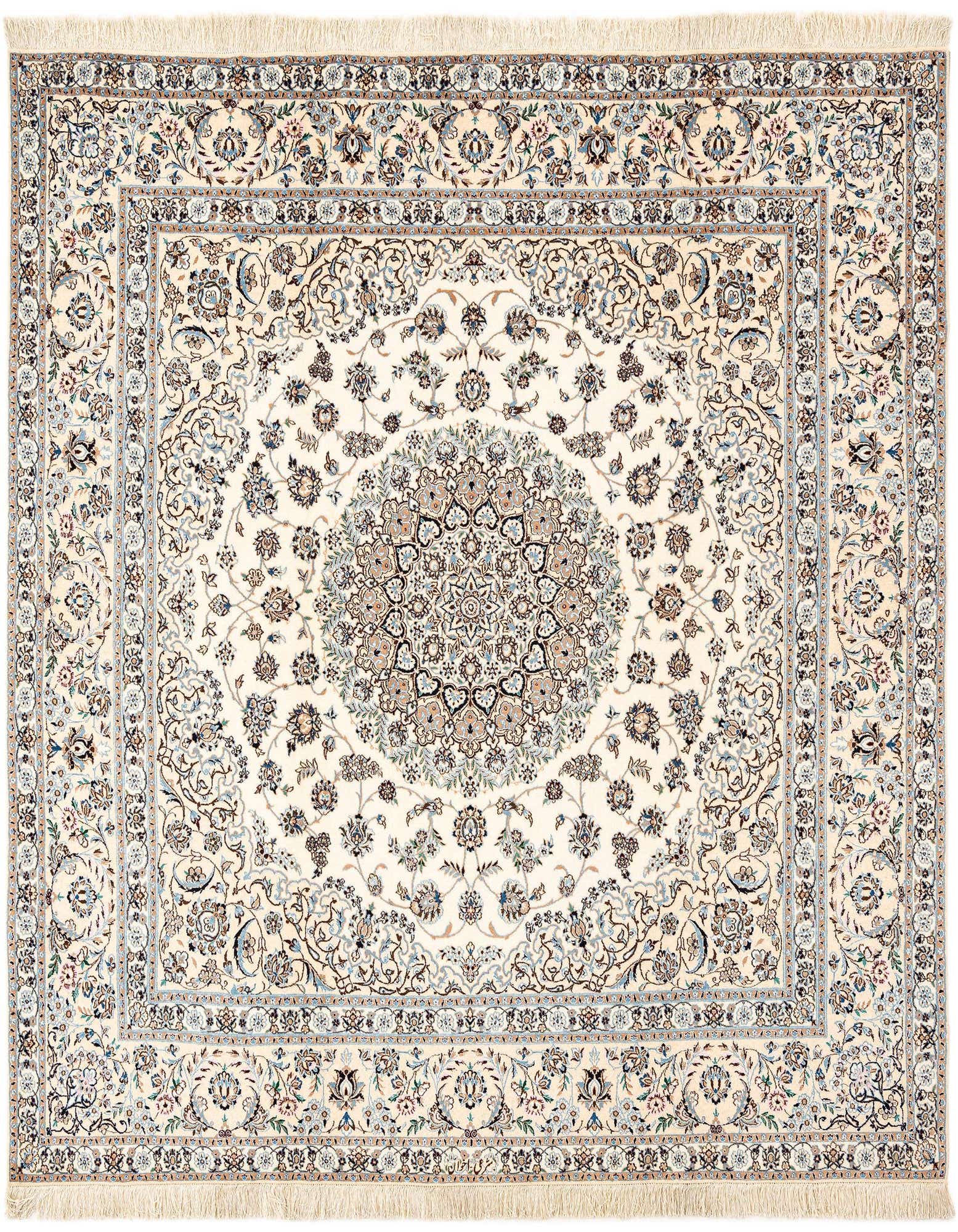 A handmade rectangular Persian rug in ivory and cream, featuring intricate floral and medallion patterns with blue and brown accents.