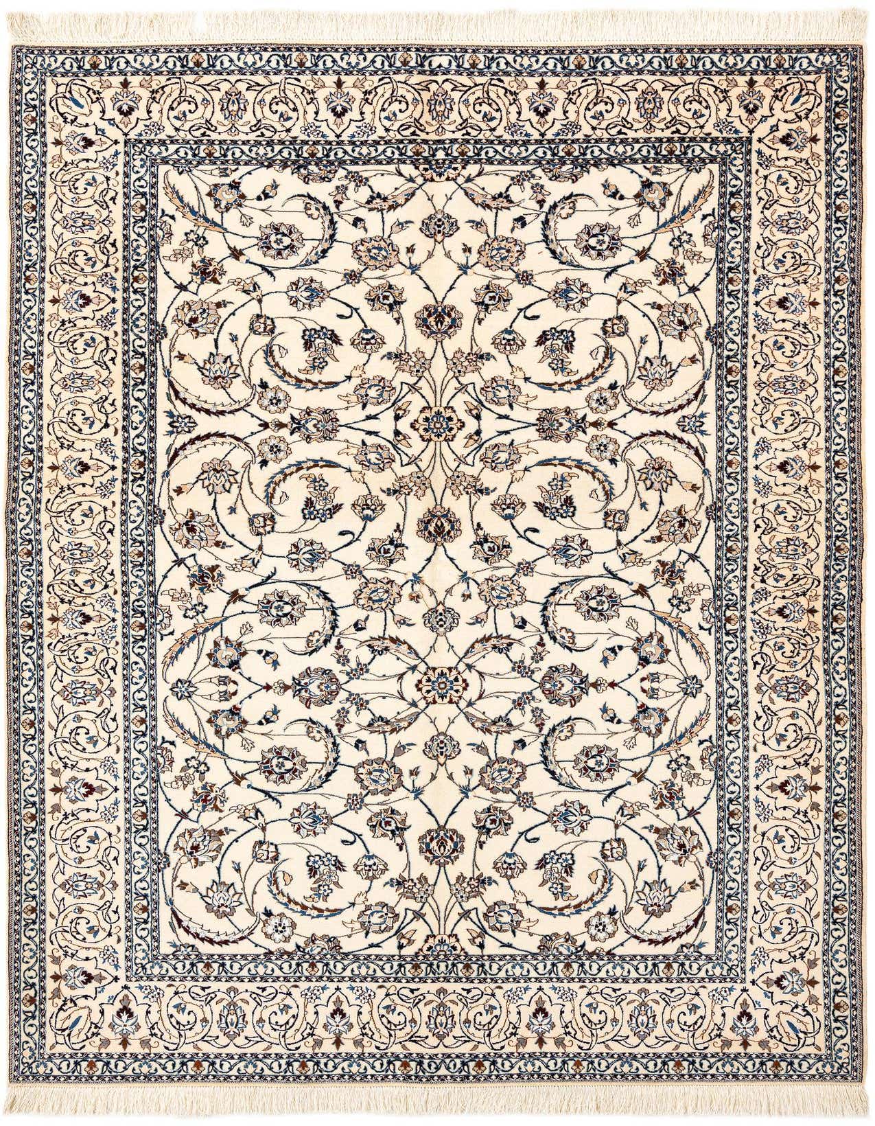 A handmade rectangular ivory Persian rug with intricate blue and brown floral patterns and a detailed border.