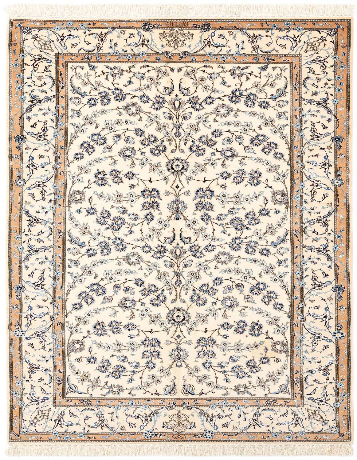A handmade rectangular ivory Persian rug with intricate blue floral patterns and a light brown border, suitable for indoor use.