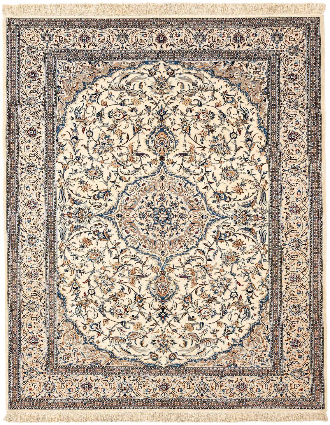 A rectangular ivory Persian rug with intricate blue, brown, and cream floral patterns and a detailed border.