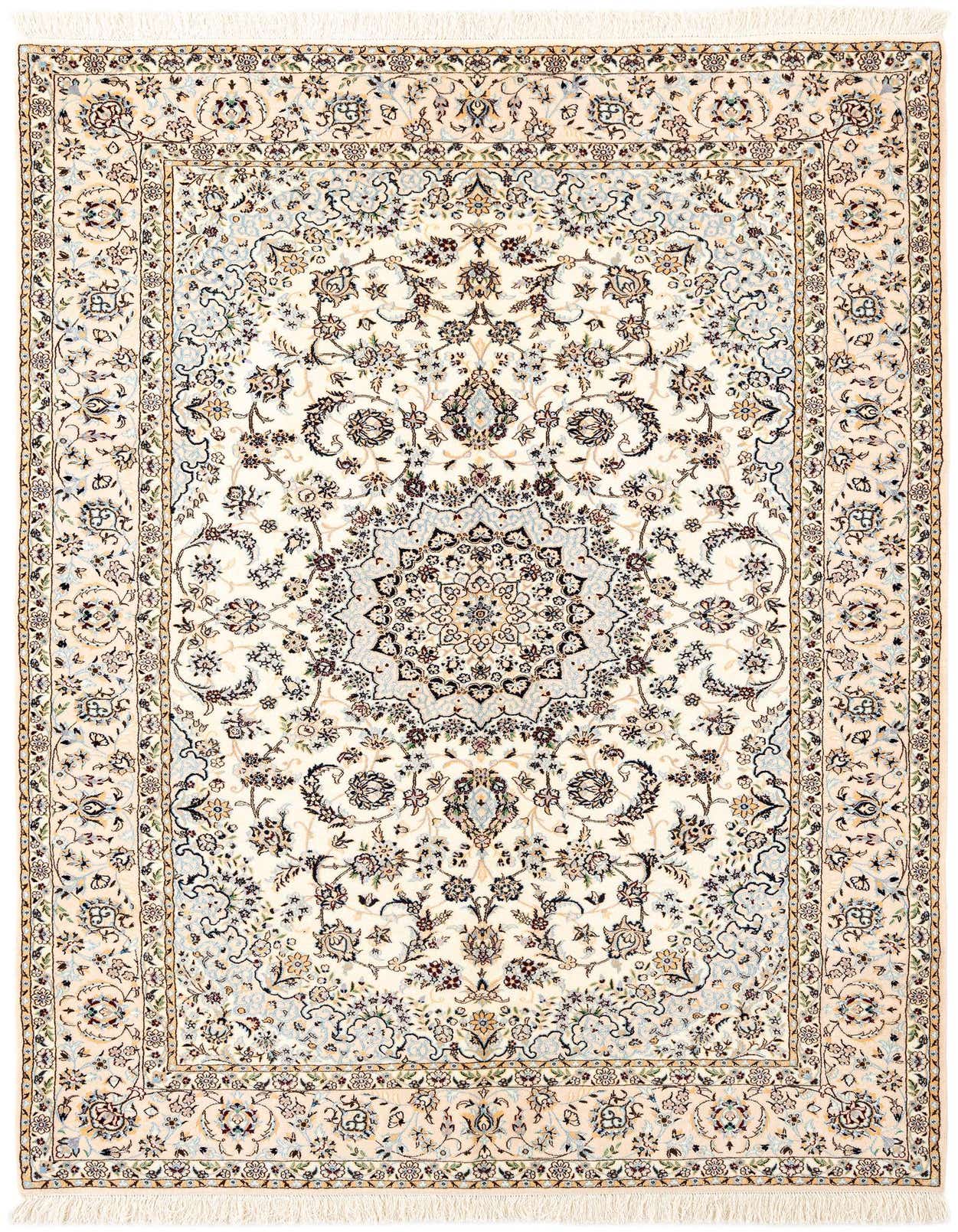 A rectangular handmade Persian rug in ivory and cream, featuring an intricate floral medallion pattern with blue and brown accents.