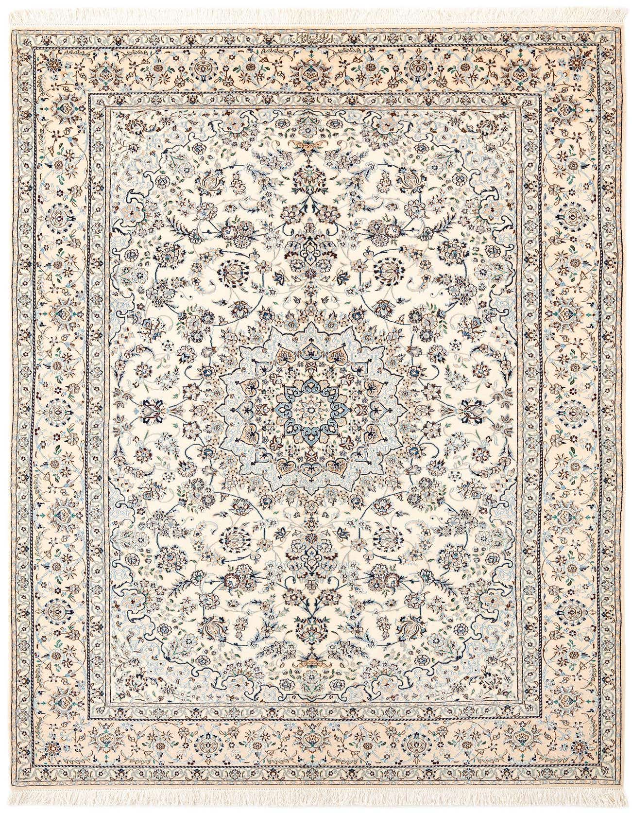 Handmade rectangular Persian rug in ivory and cream with intricate floral patterns and a central medallion.