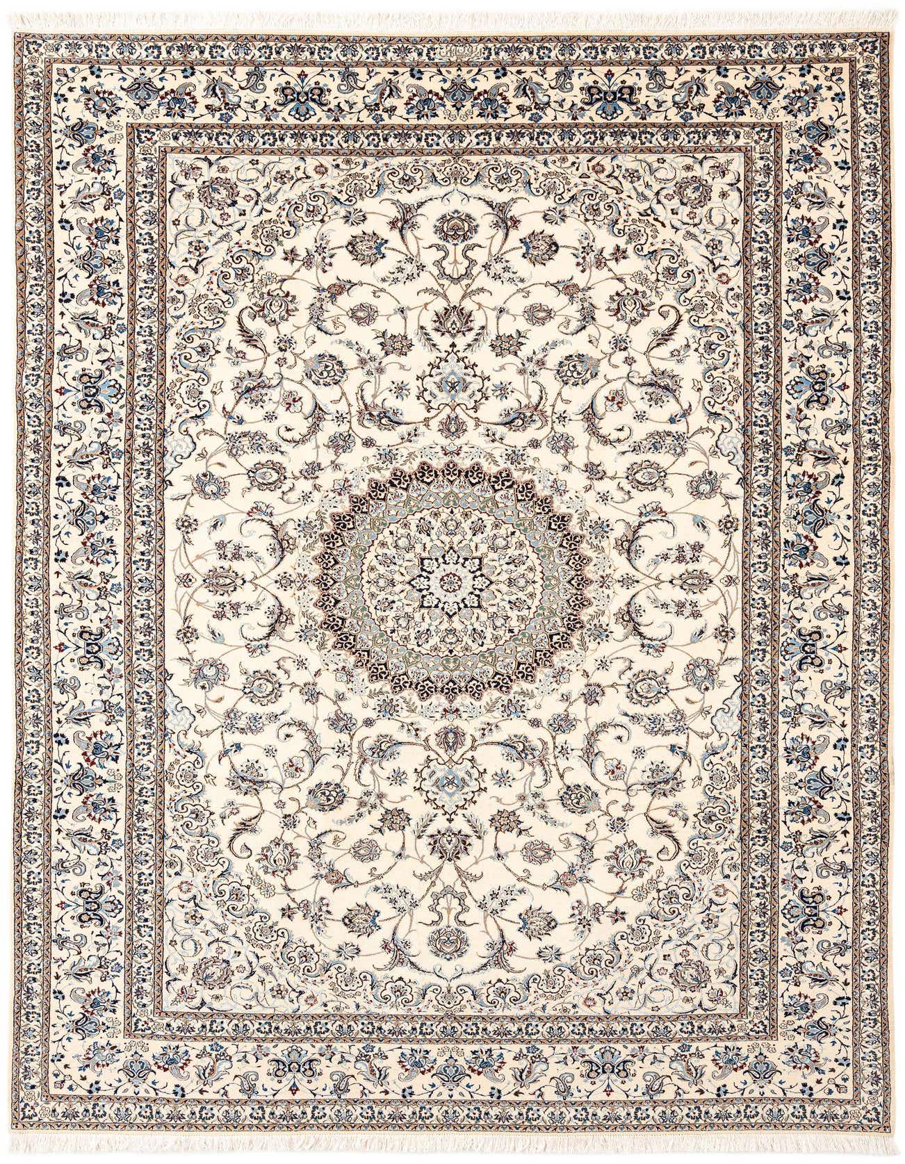 A rectangular handmade ivory Persian rug with a detailed floral medallion pattern in shades of blue and brown.