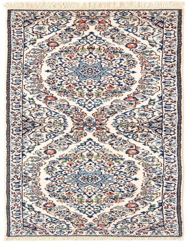 A handmade rectangular ivory Persian runner rug with intricate blue, green, and red floral medallion patterns.