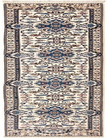 Handmade rectangular Persian runner rug in ivory with intricate blue, brown, and pink floral patterns and a detailed border.