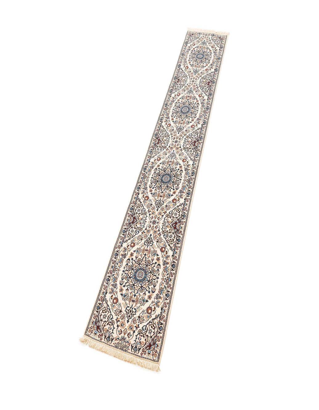A handmade rectangular Persian runner rug in ivory and cream with intricate floral and medallion patterns, perfect for hallways.