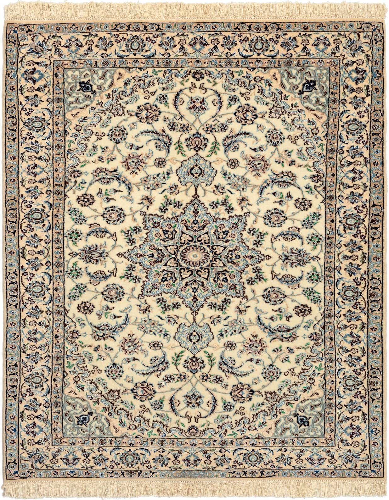 A handmade 3x5 rectangular ivory and cream wool and silk rug with intricate traditional floral patterns and a central medallion.