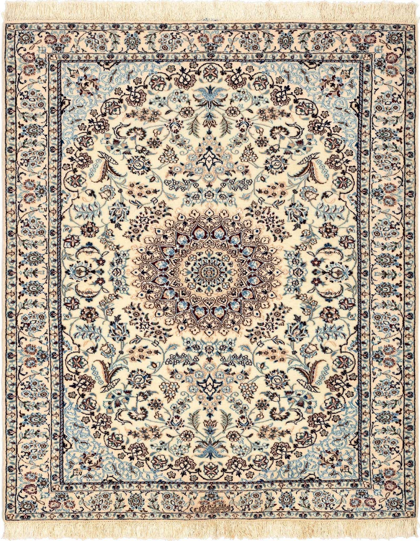 A 3x5 rectangular ivory and cream rug with a detailed traditional floral pattern and a central medallion, featuring blue and brown accents.